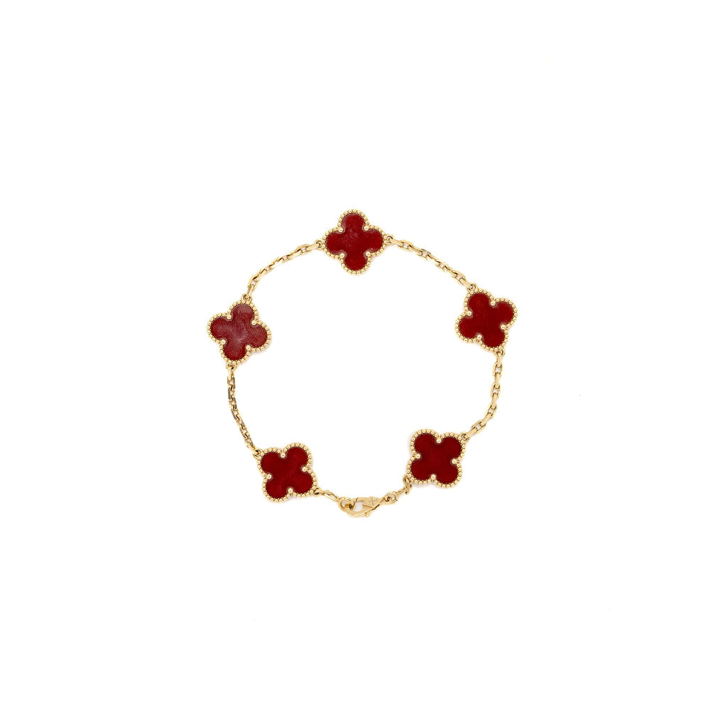 VAN CLEEF & ARPELS VINTAGE ALHAMBRA 5- MOTIF BRACELET CARNELIAN YELLOW GOLD