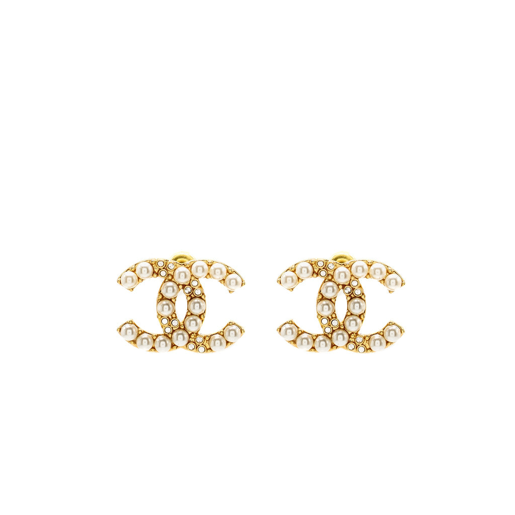 CHANEL CC PEARL EARRINGS GOLD TONE