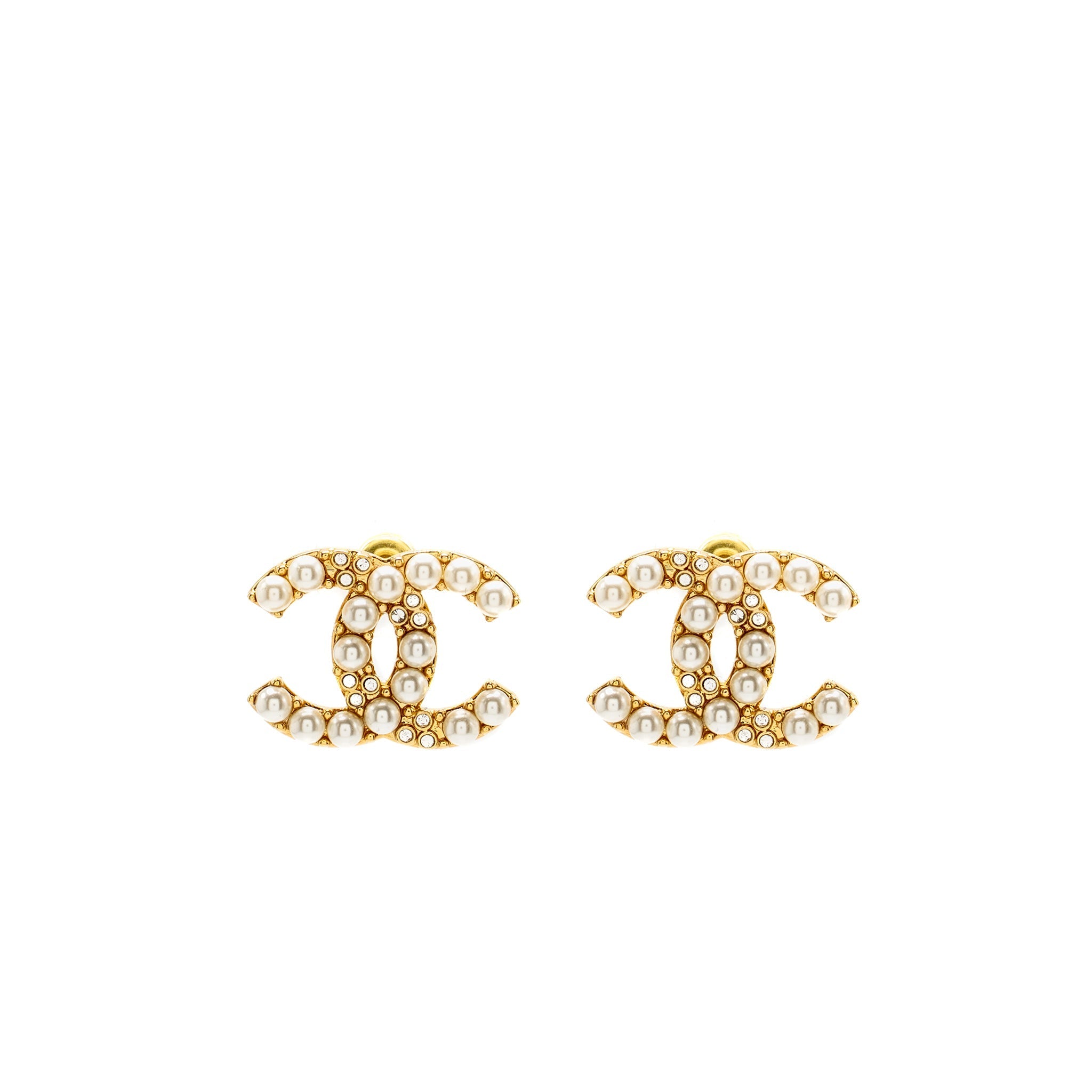CHANEL CC PEARL EARRINGS GOLD TONE