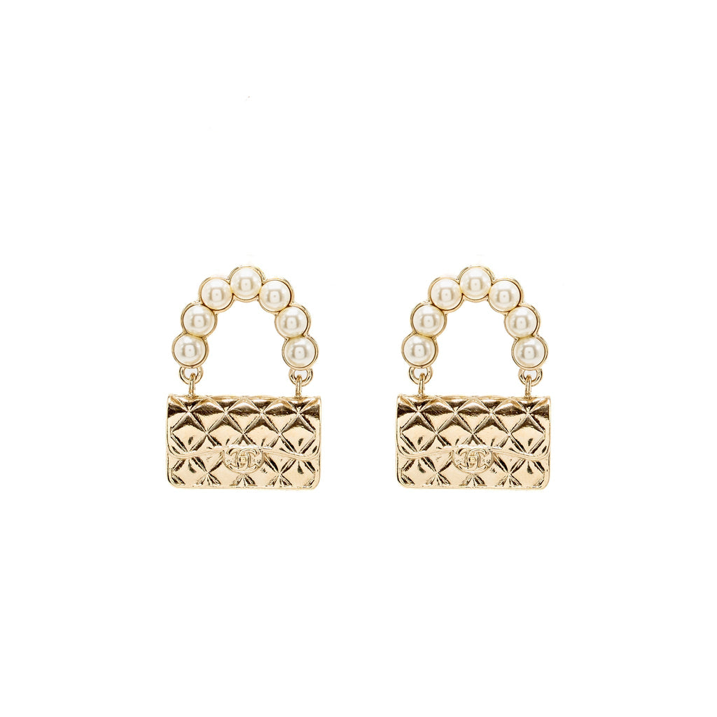 CHANEL CLASSIC FLAP BAG DROP EARRINGS PEARL LIGHT GOLD TONE