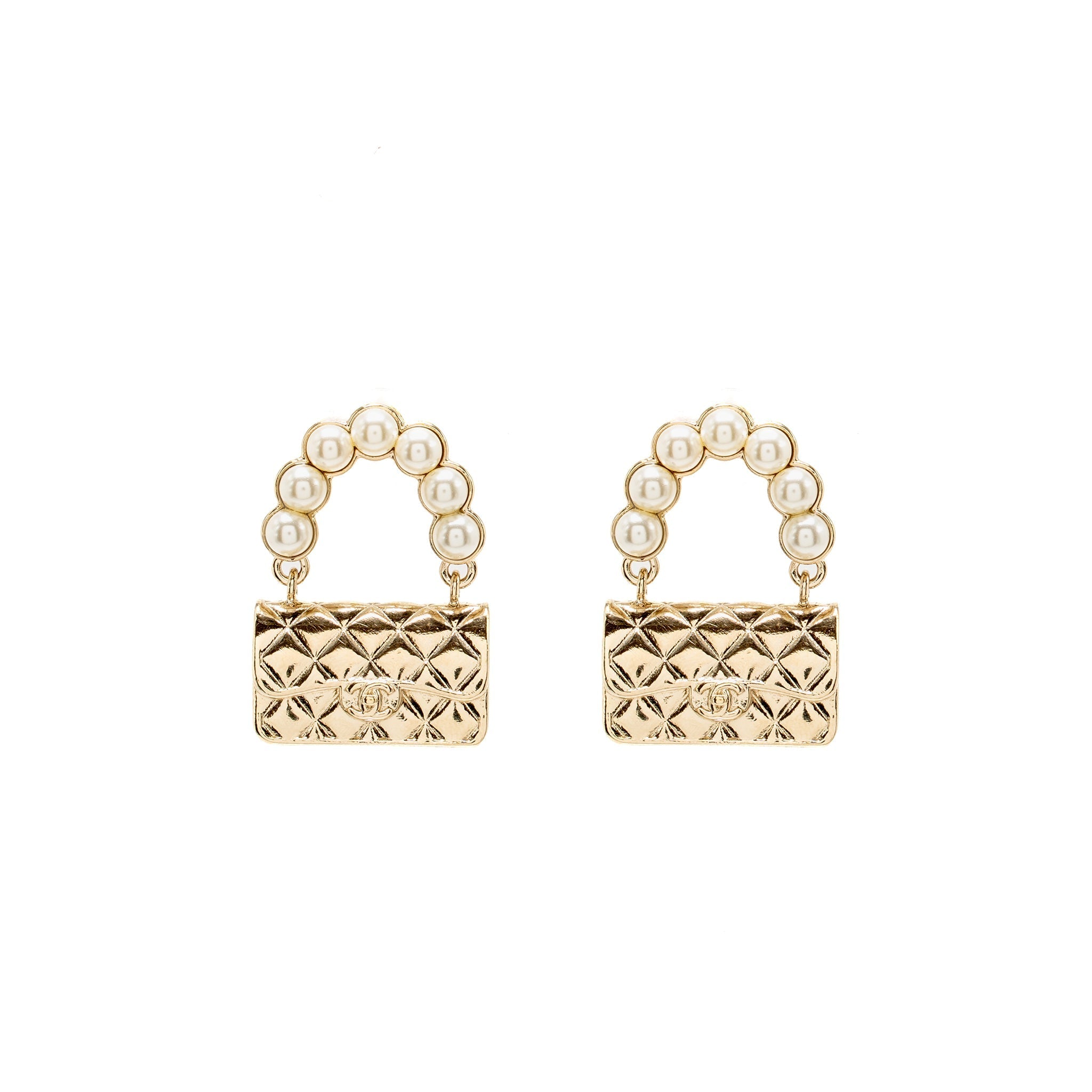 CHANEL CLASSIC FLAP BAG DROP EARRINGS PEARL LIGHT GOLD TONE
