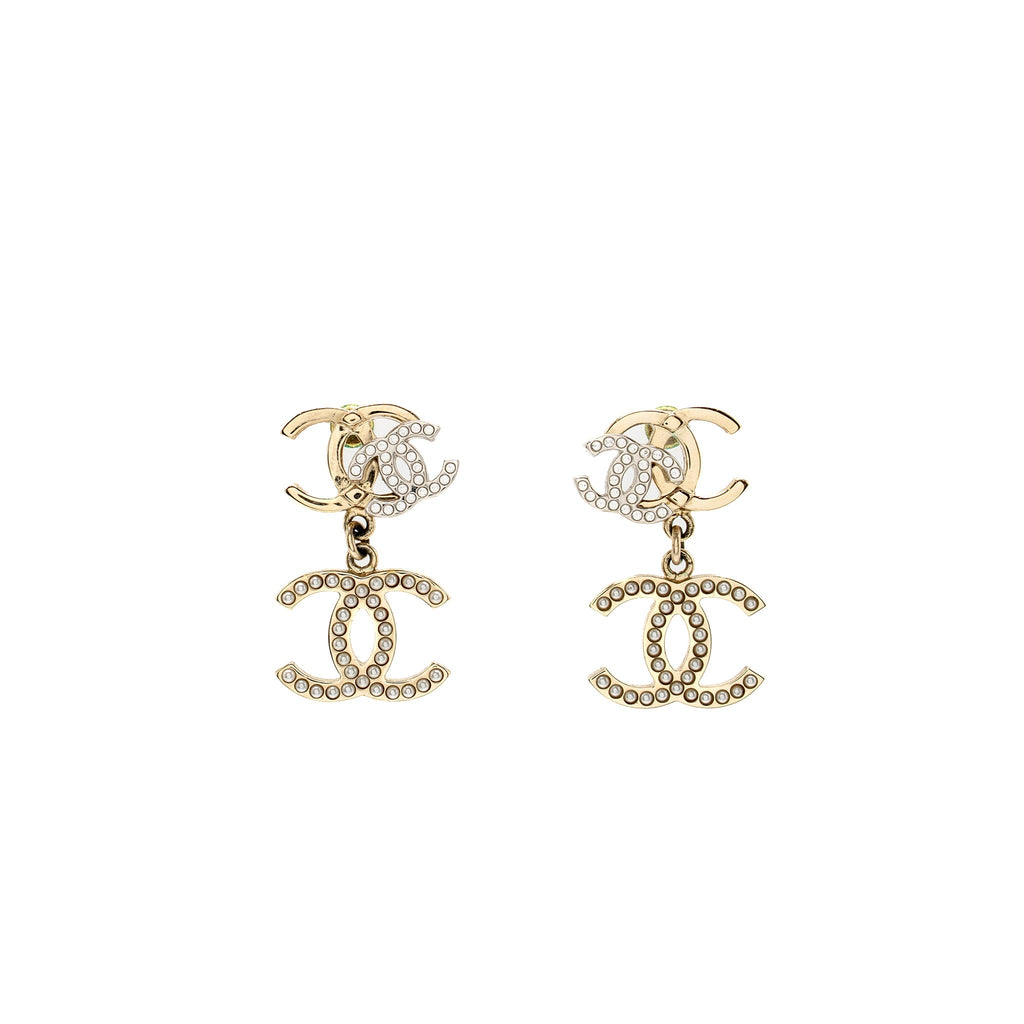 CHANEL TRIPLE CC LOGO EARRINGS LIGHT GOLD TONE
