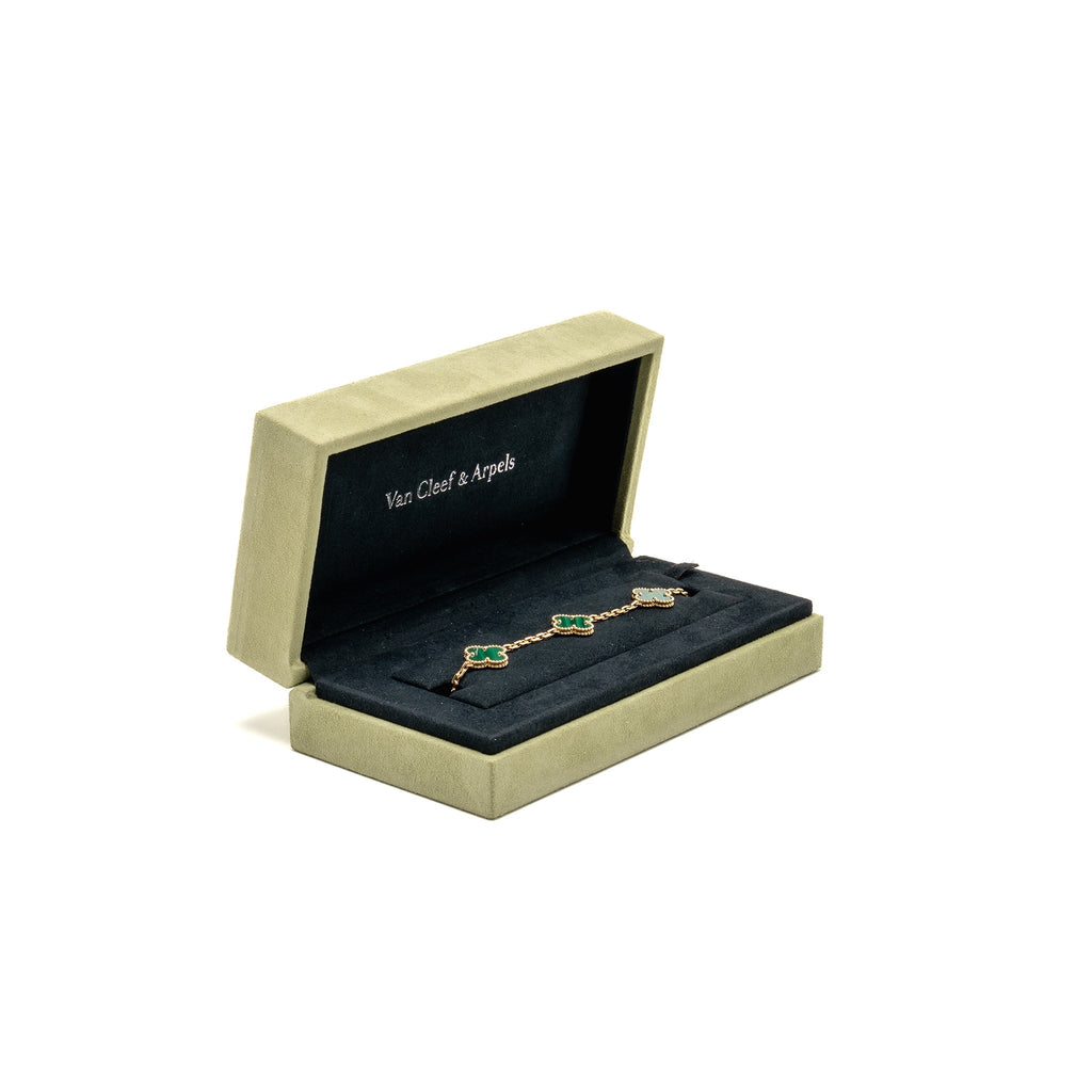 VAN CLEEF AND ARPELS VINTAGE ALHAMBRA BRACELET 5 MOTIF 18K YELLOW GOLD, MALACHITE