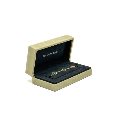 VAN CLEEF AND ARPELS VINTAGE ALHAMBRA BRACELET 5 MOTIF 18K YELLOW GOLD, MALACHITE