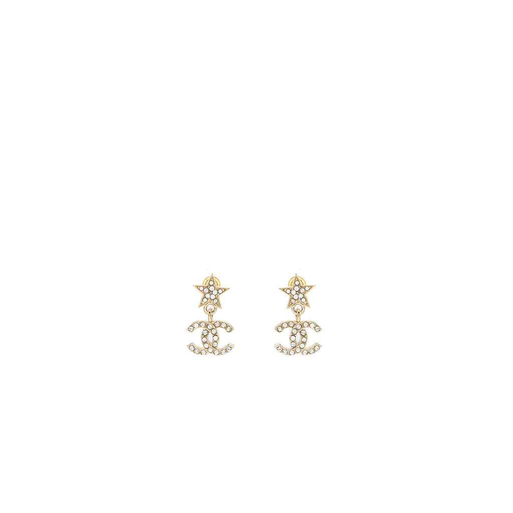 CHANEL CRYSTAL STAR EARRINGS WITH CC LOGO DROP LIGHT GOLD TONE