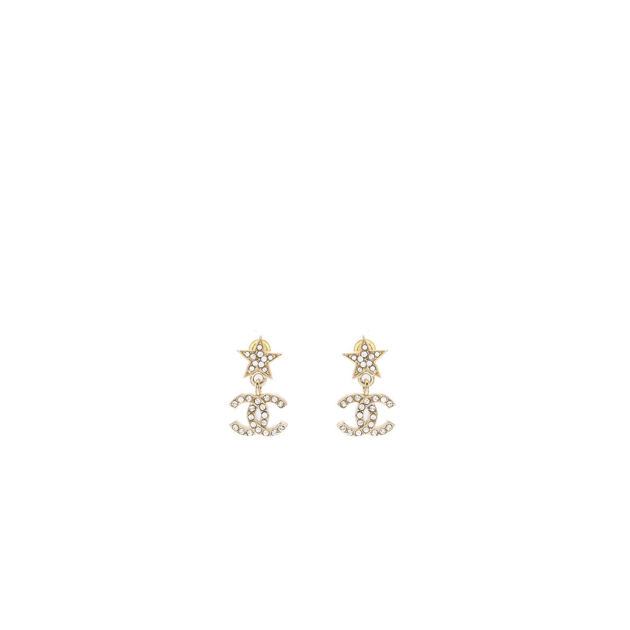 CHANEL CRYSTAL STAR EARRINGS WITH CC LOGO DROP LIGHT GOLD TONE