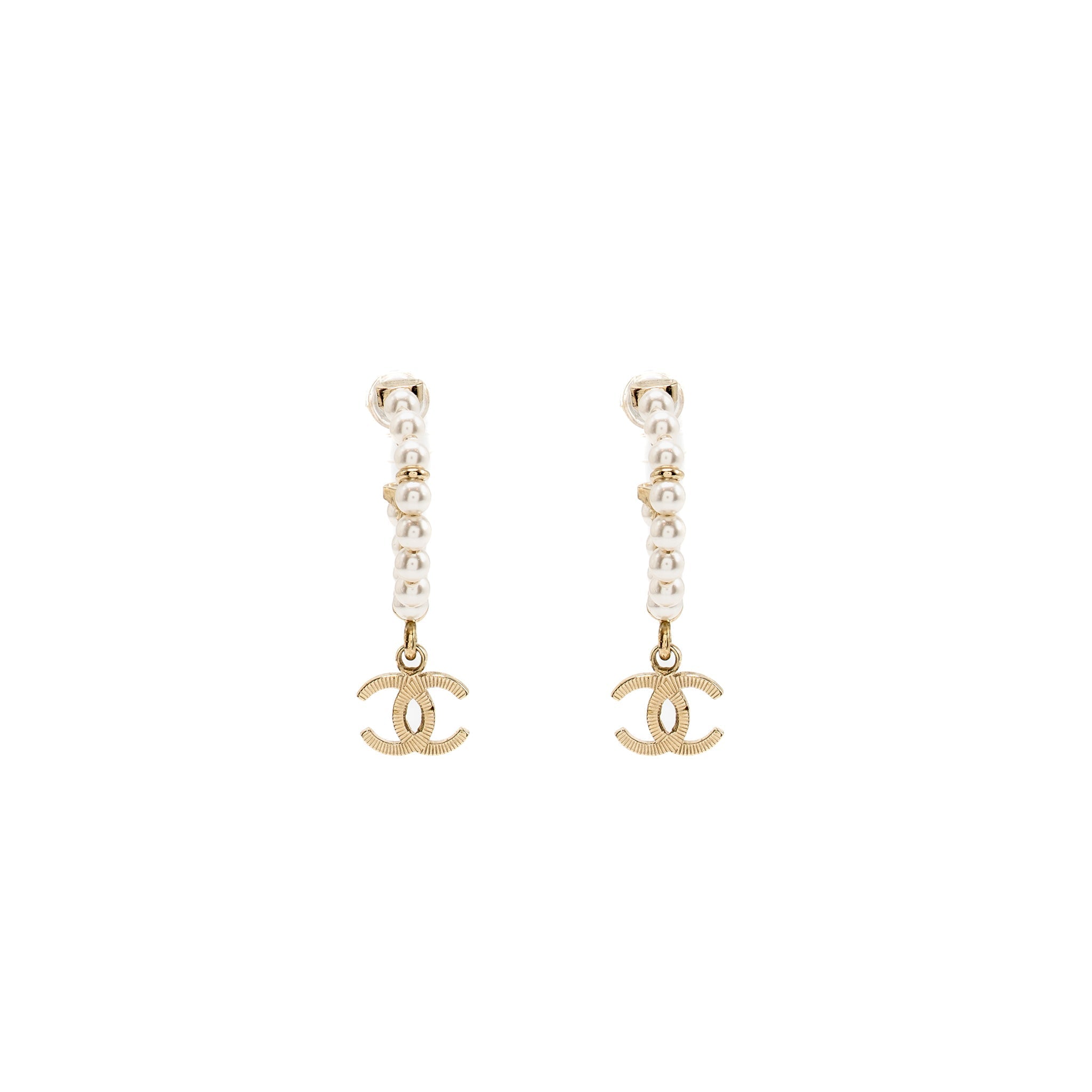 CHANEL CC DROP HOOP EARRINGS PEARL LIGHT GOLD TONE