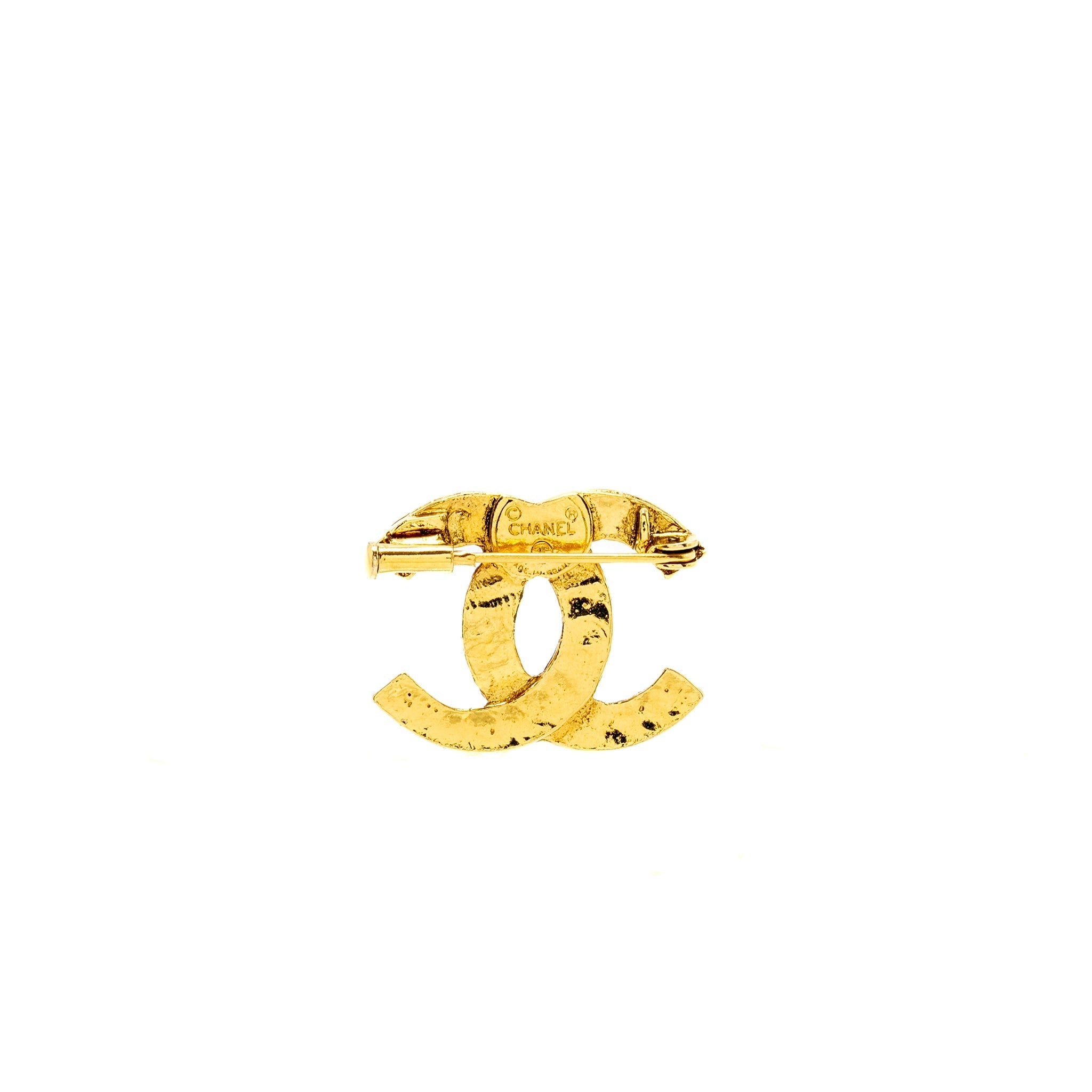 CHANEL VINTAGE CC LOGO CRYSTAL BROOCH GOLD TONE