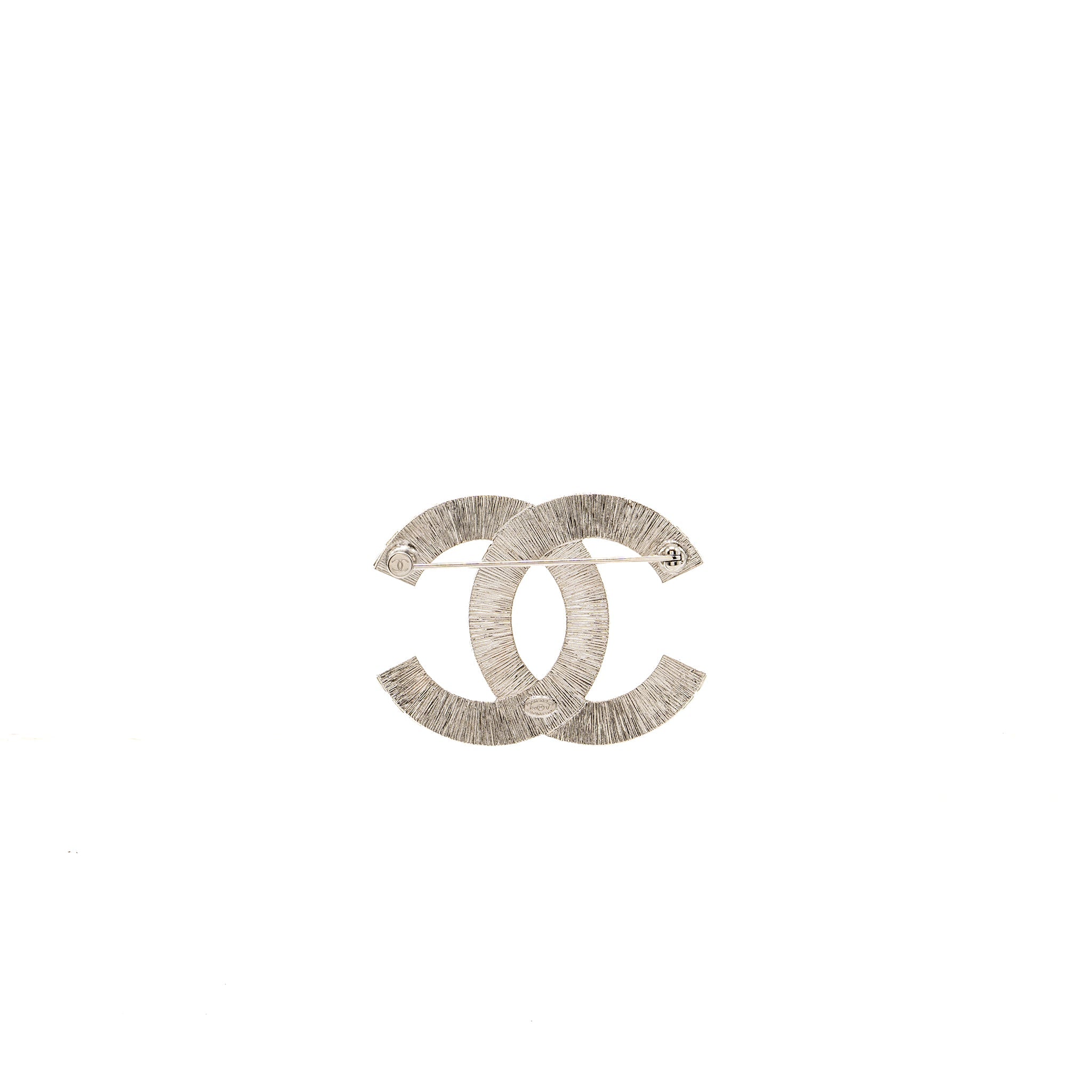 CHANEL CC LOGO CRYSTAL BROOCH SILVER TONE