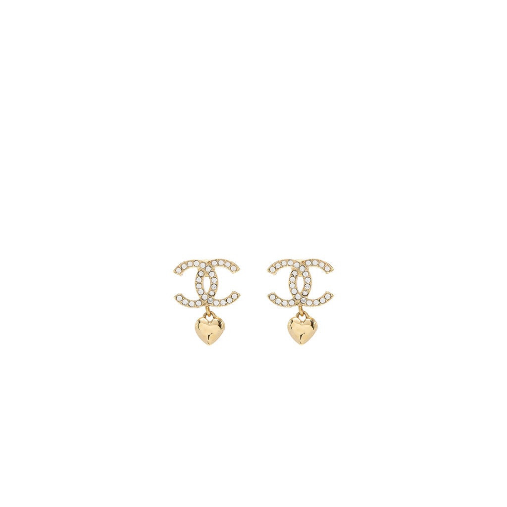 CHANEL CC LOGO HEART EARRINGS CRYSTAL GHW