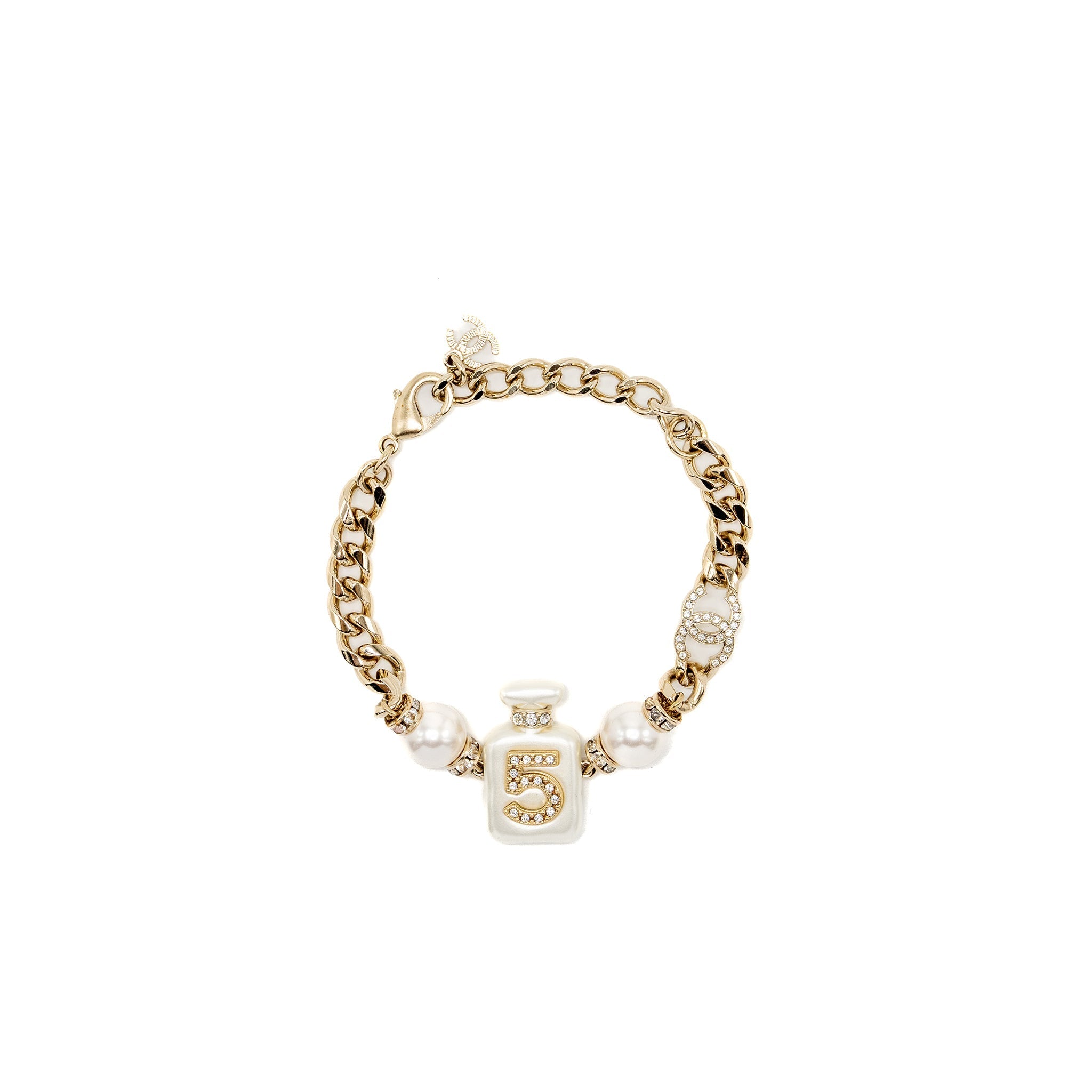 CHANEL NO.5 PERFUME BOTTLE BRACELET CRYSTAL/PEARL LIGHT GOLD TONE