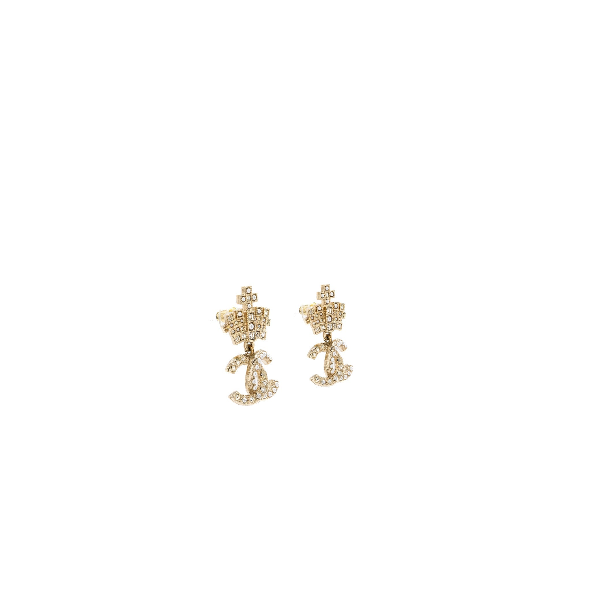 CHANEL CC LOGO DROP CROWN EARRINGS CRYSTAL/PEARL LIGHT GOLD TONE