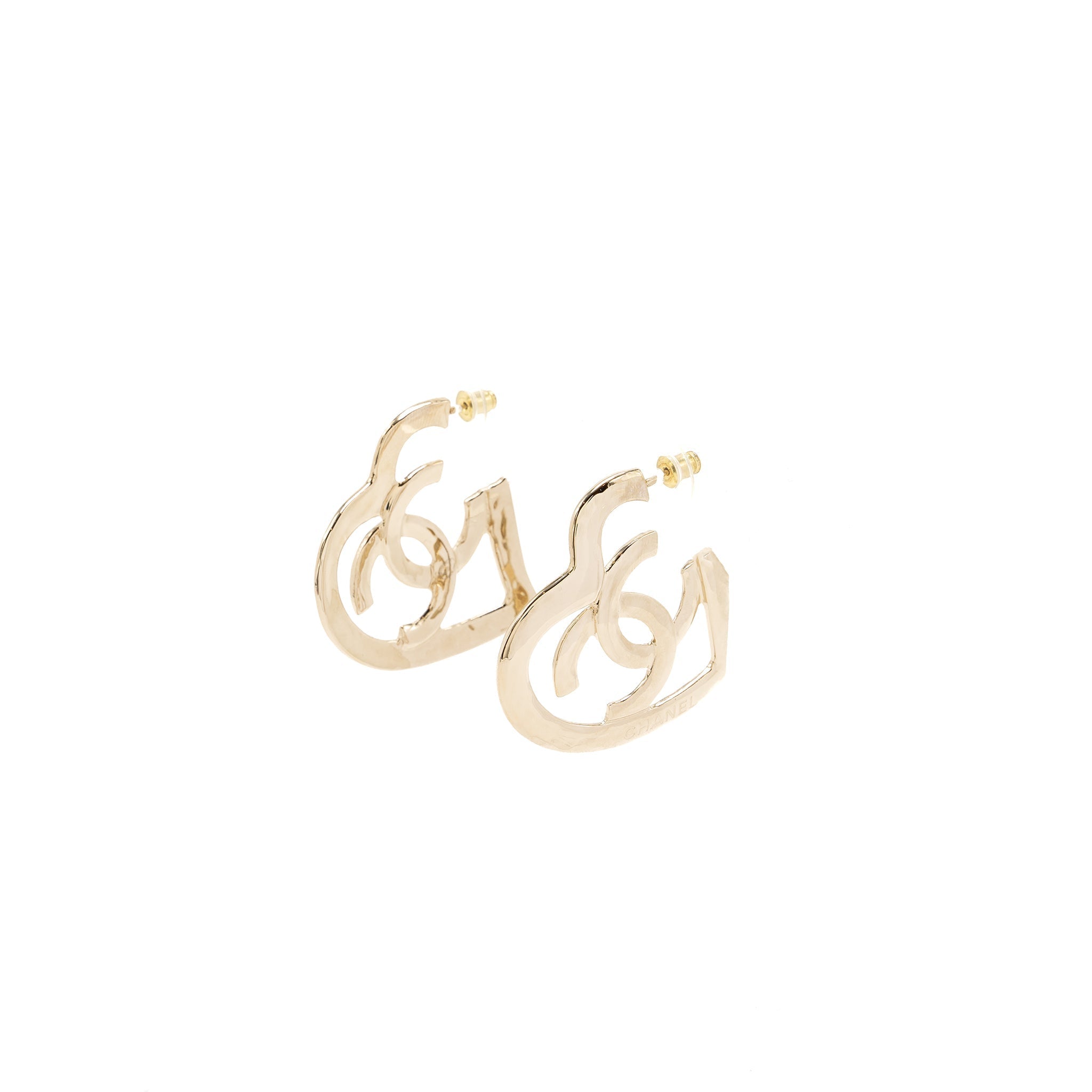 CHANEL GIANT HEART AND CC LOGO EARRINGS LIGHT GOLD TONE