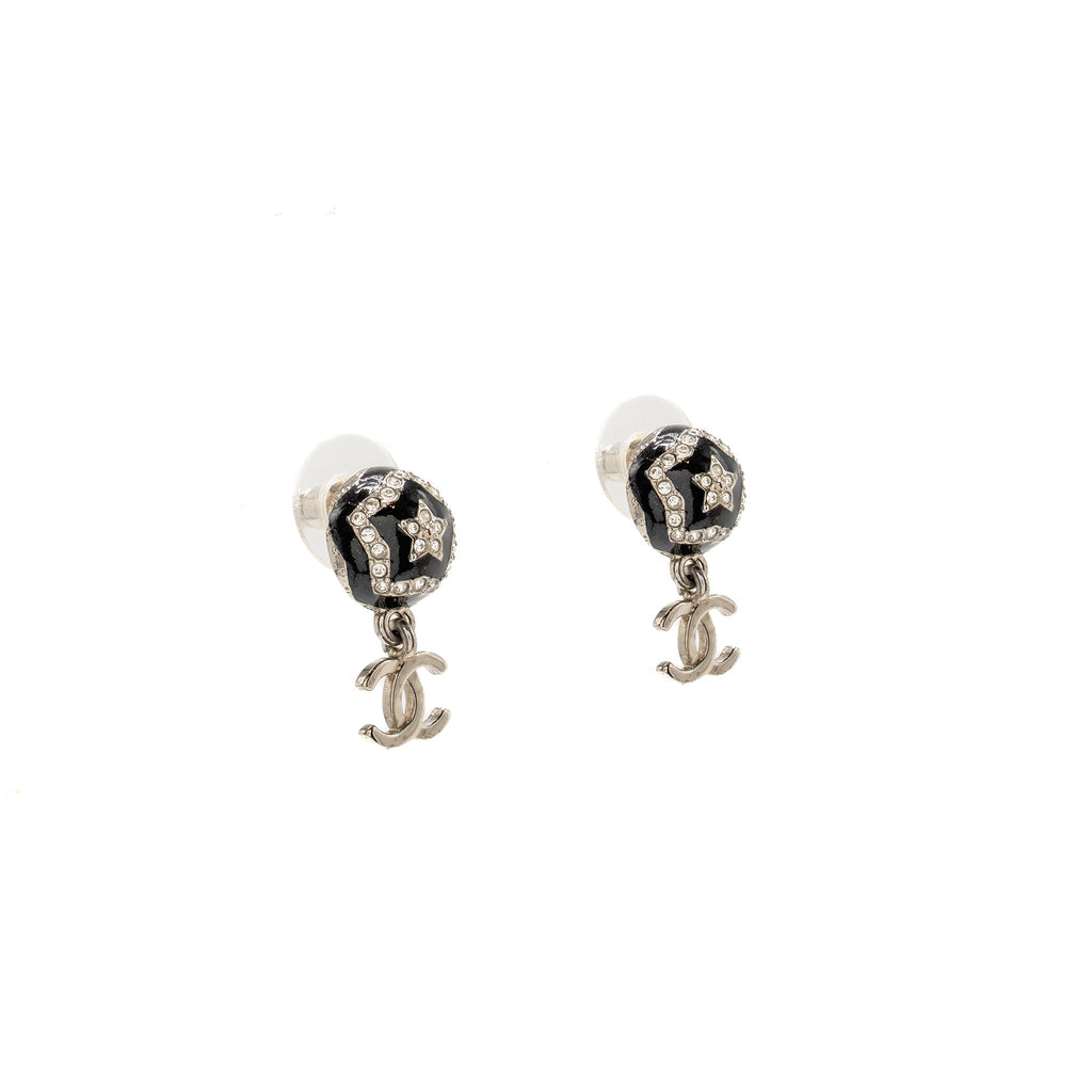 CHANEL 23K CC DROP ROUND STAR EARRINGS CRYSTAL BLACK SILVER TONE
