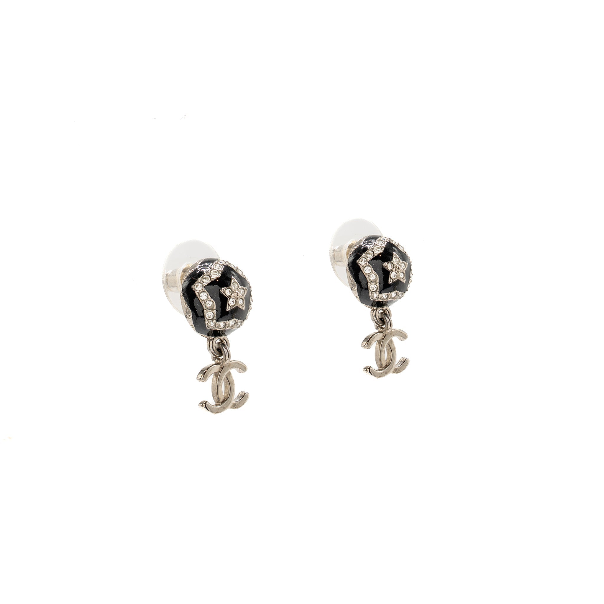 CHANEL 23K CC DROP ROUND STAR EARRINGS CRYSTAL BLACK SILVER TONE