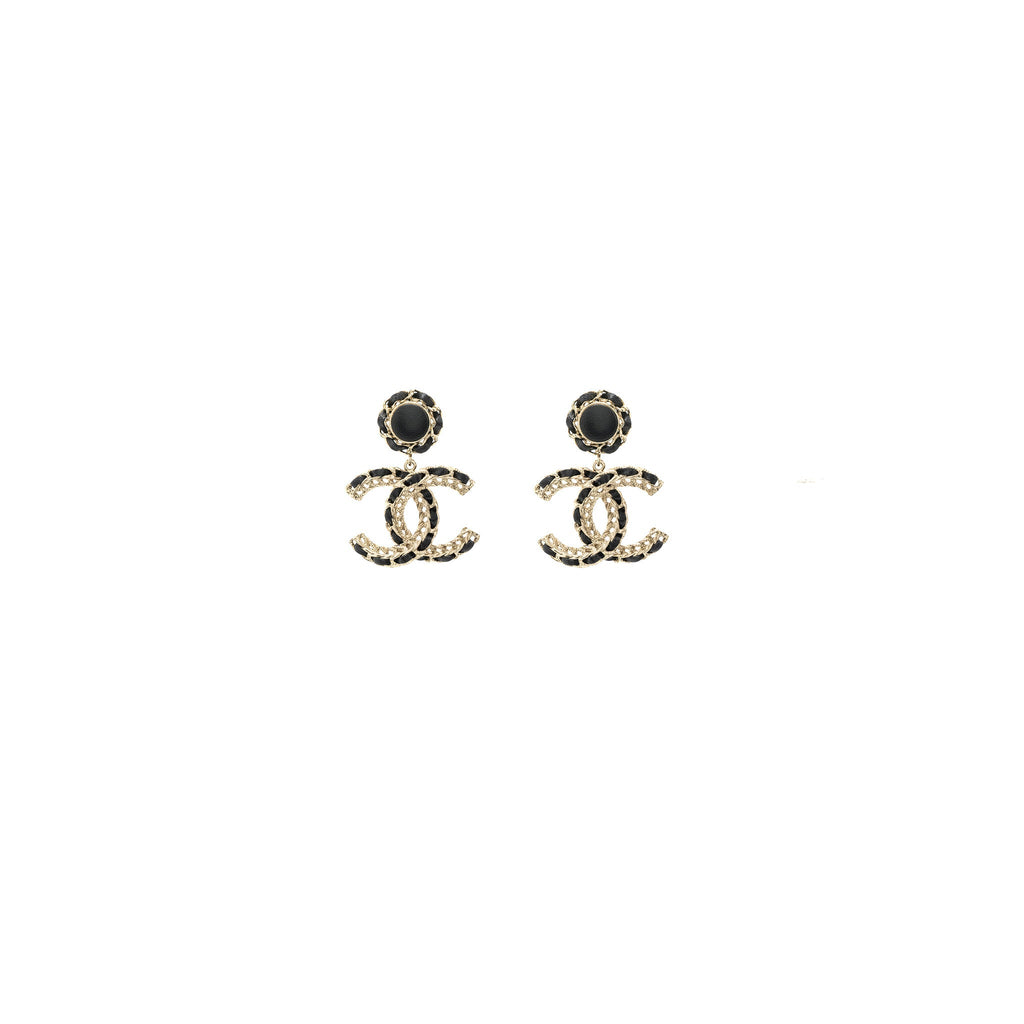 CHANEL GIANT LEATHER CHAIN CC LOGO DROPPED EARRINGS LIGHT GOLD TONE