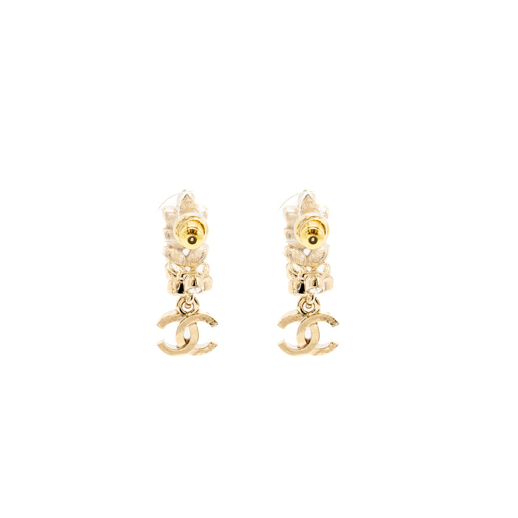 CHANEL SPARKLING WHEAT CC DROP EARRINGS CRYSTAL LIGHT GOLD TONE