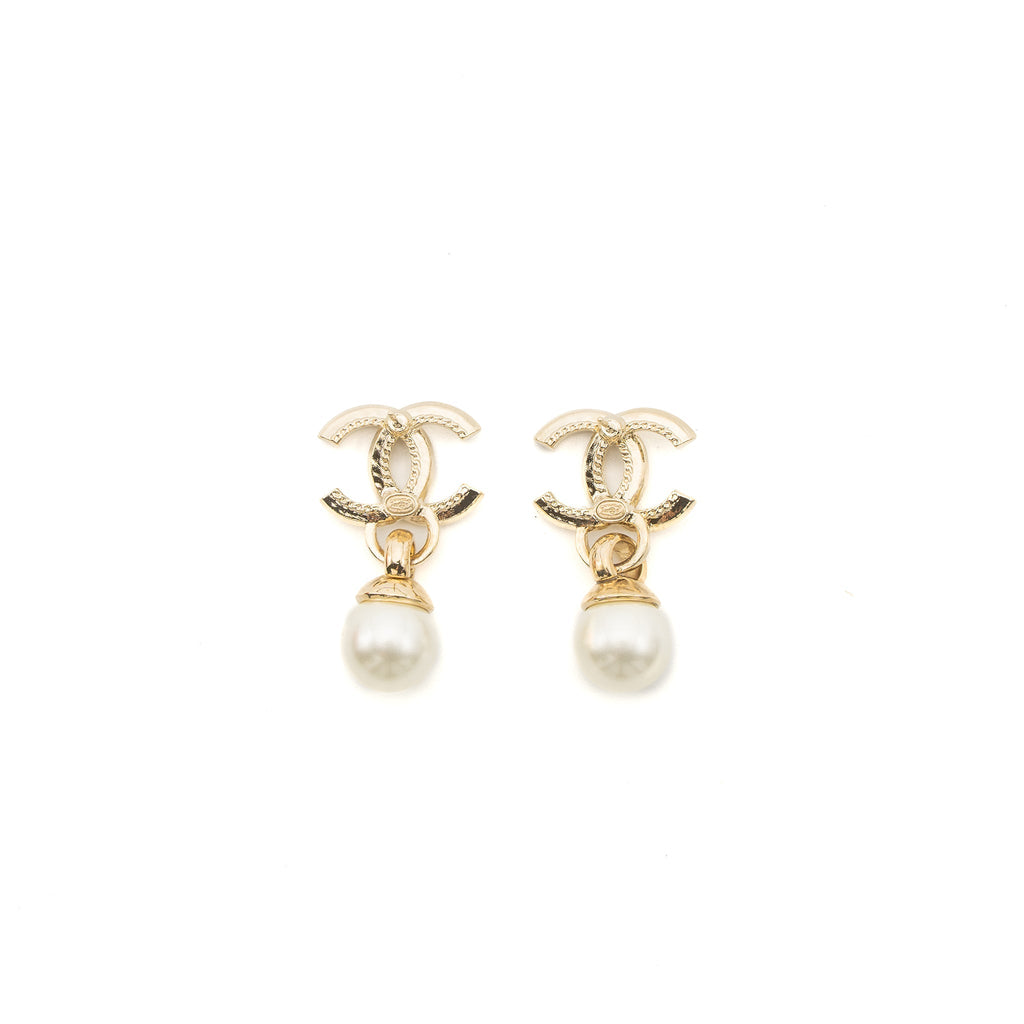 CHANEL 22K CC LOGO DROP EARRINGS CRYSTAL/PEARL LIGHT GOLD TONE