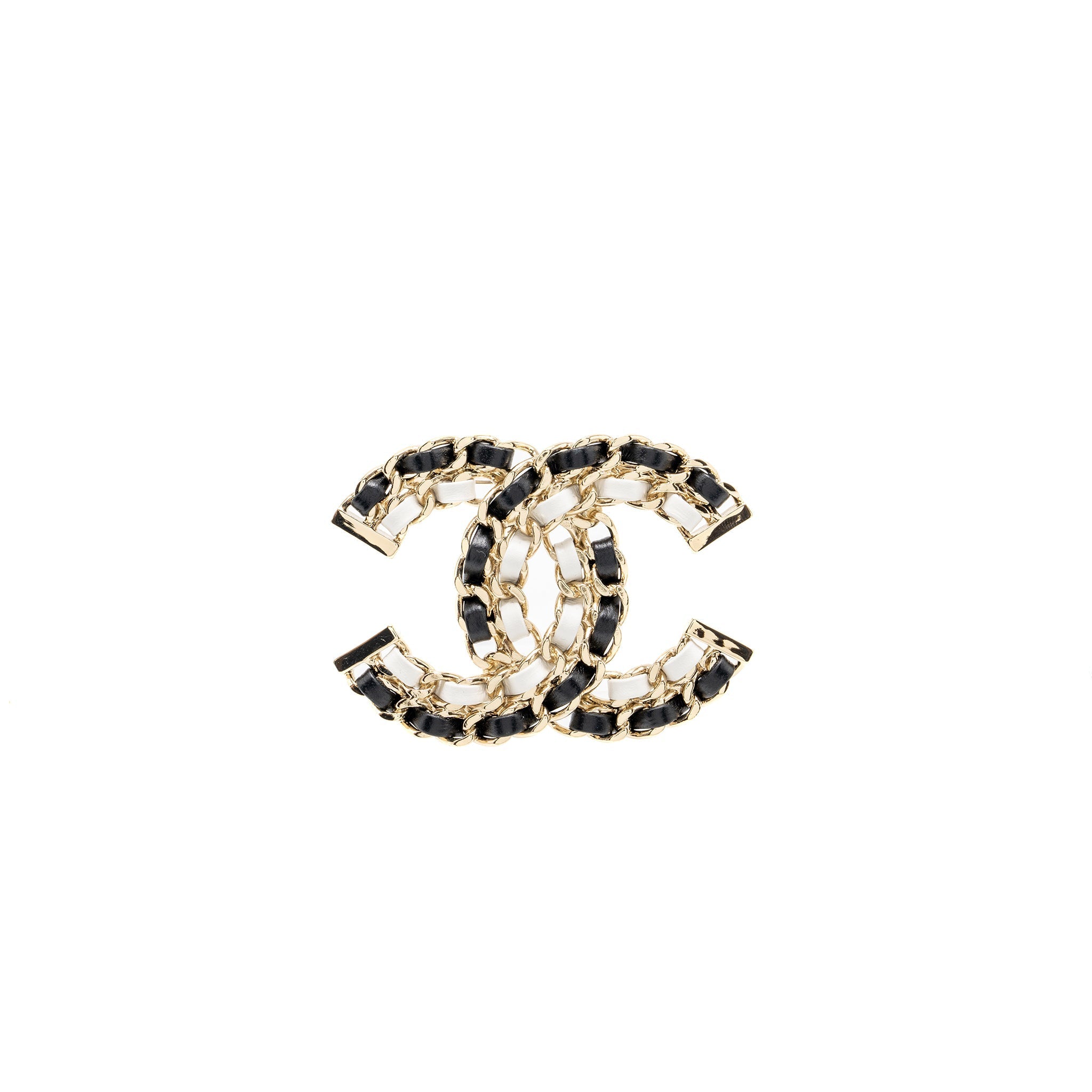 CHANEL CC LOGO DOUBLE LEATHER CHAIN BROOCH BLACK/WHITE MULTICOLOUR TONE