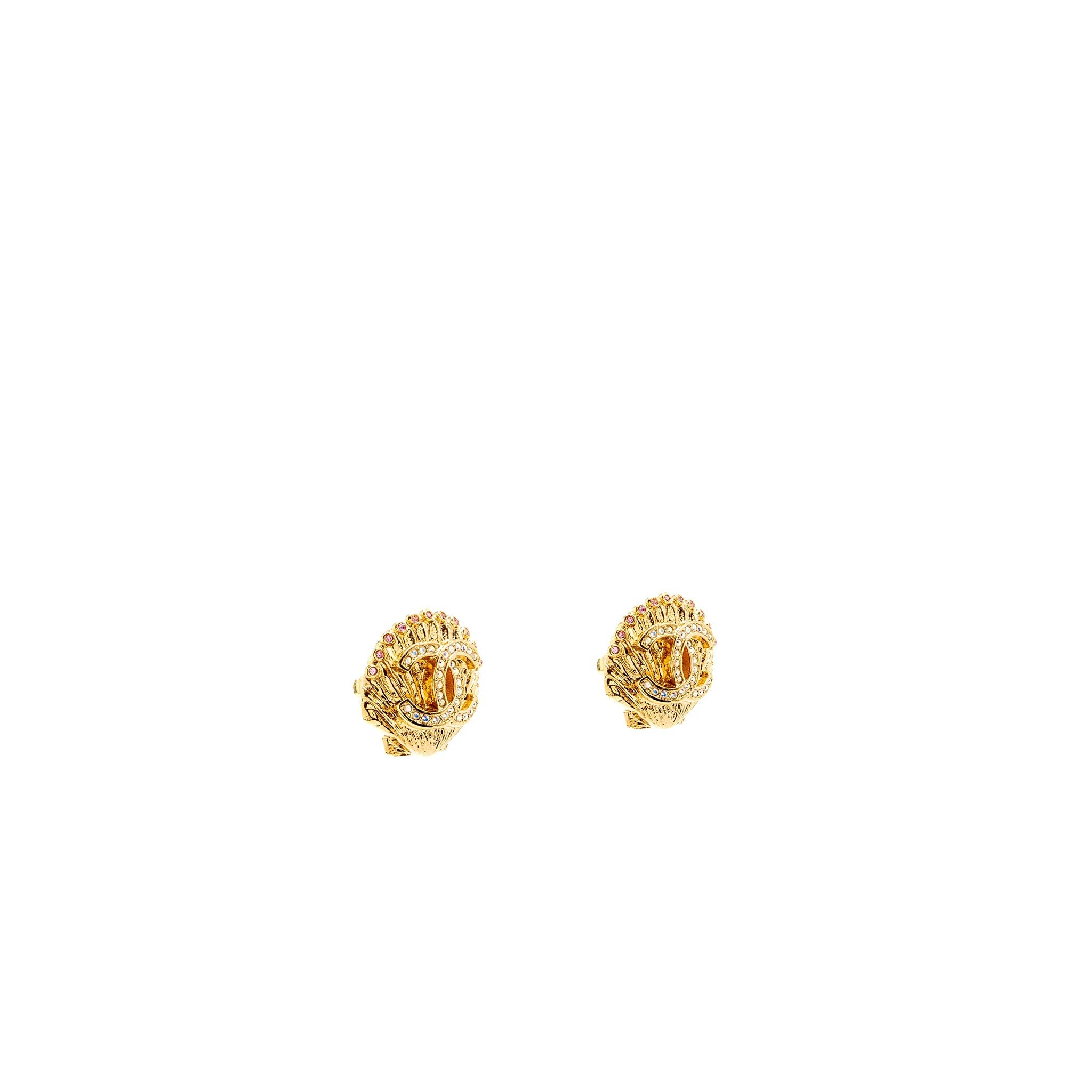 CHANEL SHELL & CC LOGO EARRINGS MULTICOLOUR CRYSTAL GOLD TONE