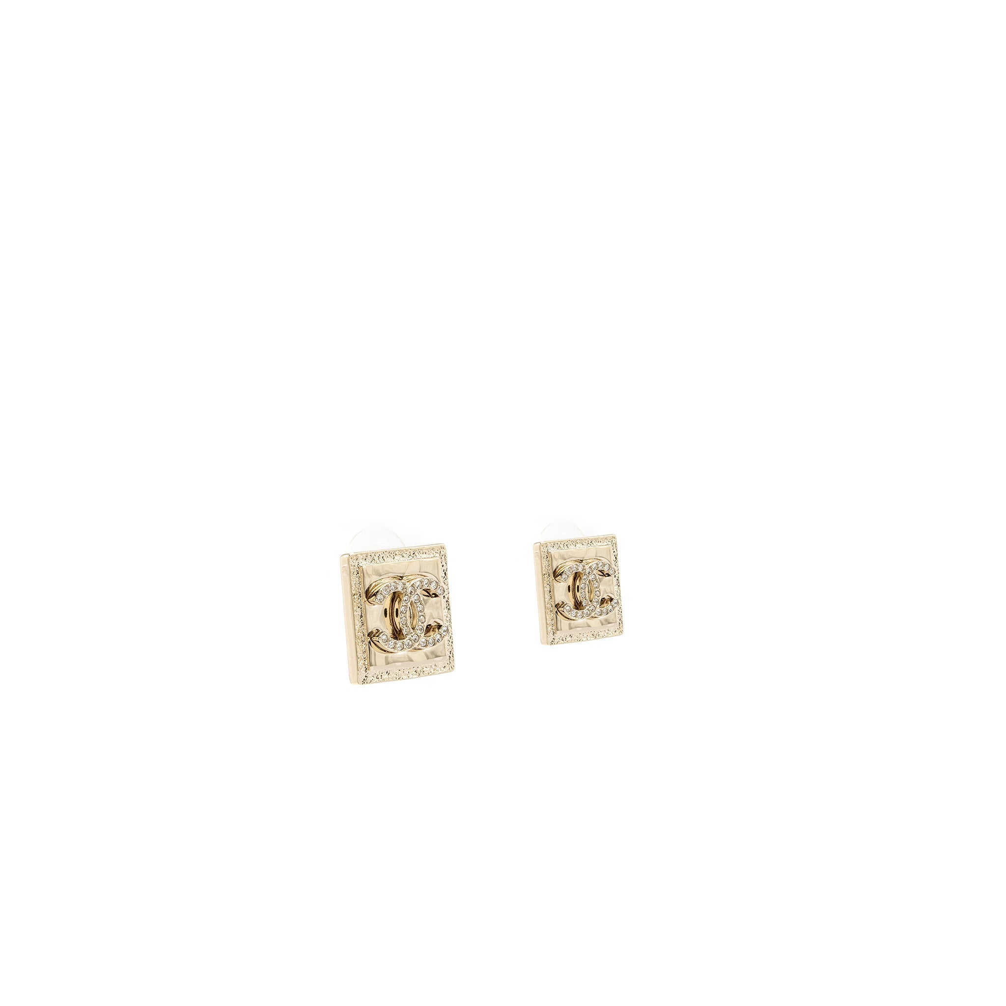 CHANEL SQUARE CC LOGO EARRING WITH CRYSTAL LIGHT GOLD TONE