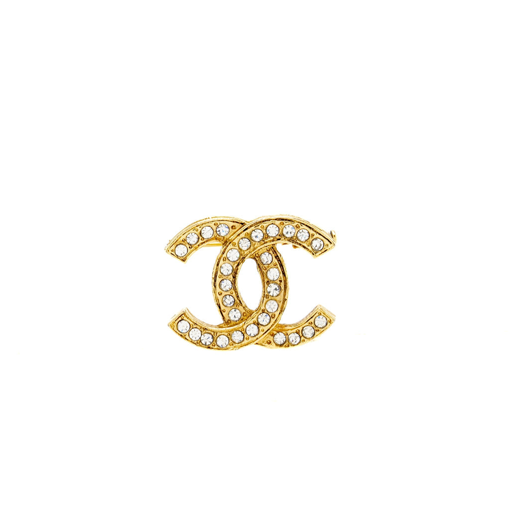 CHANEL VINTAGE CC LOGO CRYSTAL BROOCH GOLD TONE