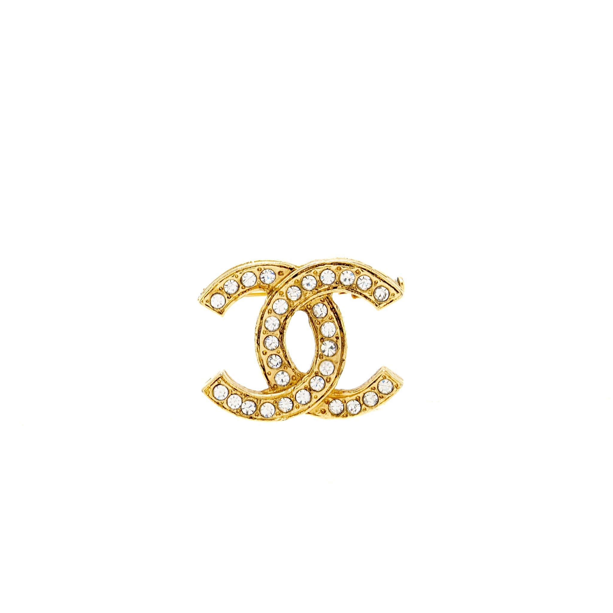 CHANEL VINTAGE CC LOGO CRYSTAL BROOCH GOLD TONE