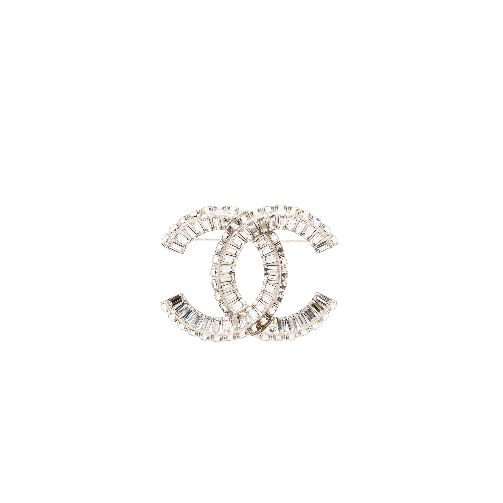 CHANEL CC LOGO CRYSTAL BROOCH SILVER TONE