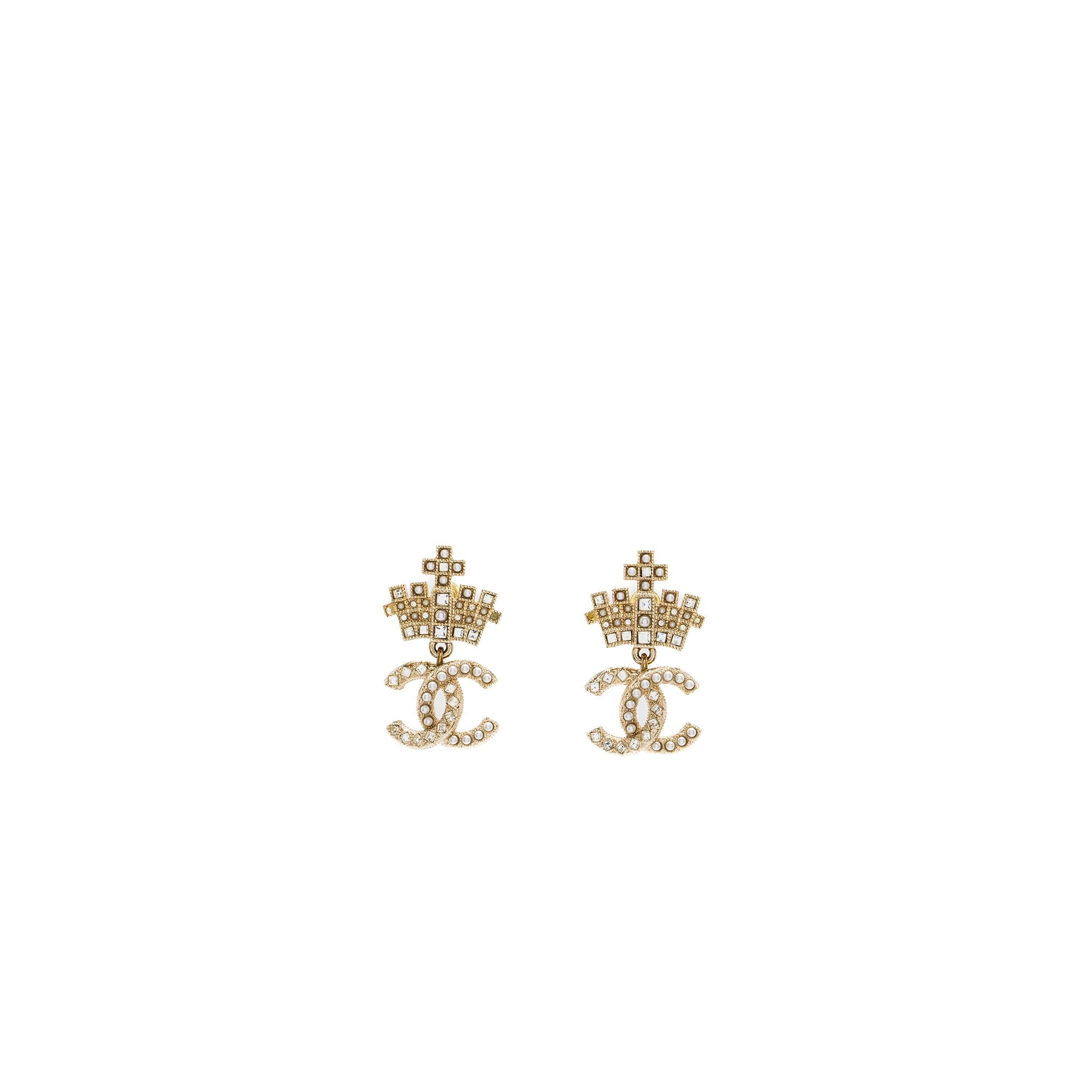 CHANEL CC LOGO DROP CROWN EARRINGS CRYSTAL/PEARL LIGHT GOLD TONE