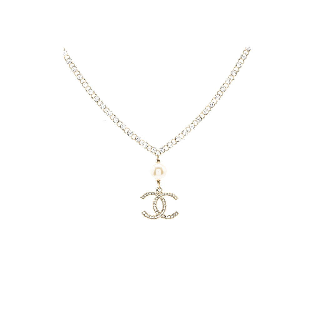 CHANEL CC LOGO DROP CHOCKER CRYSTAL/PEARL LIGHT GOLD TONE