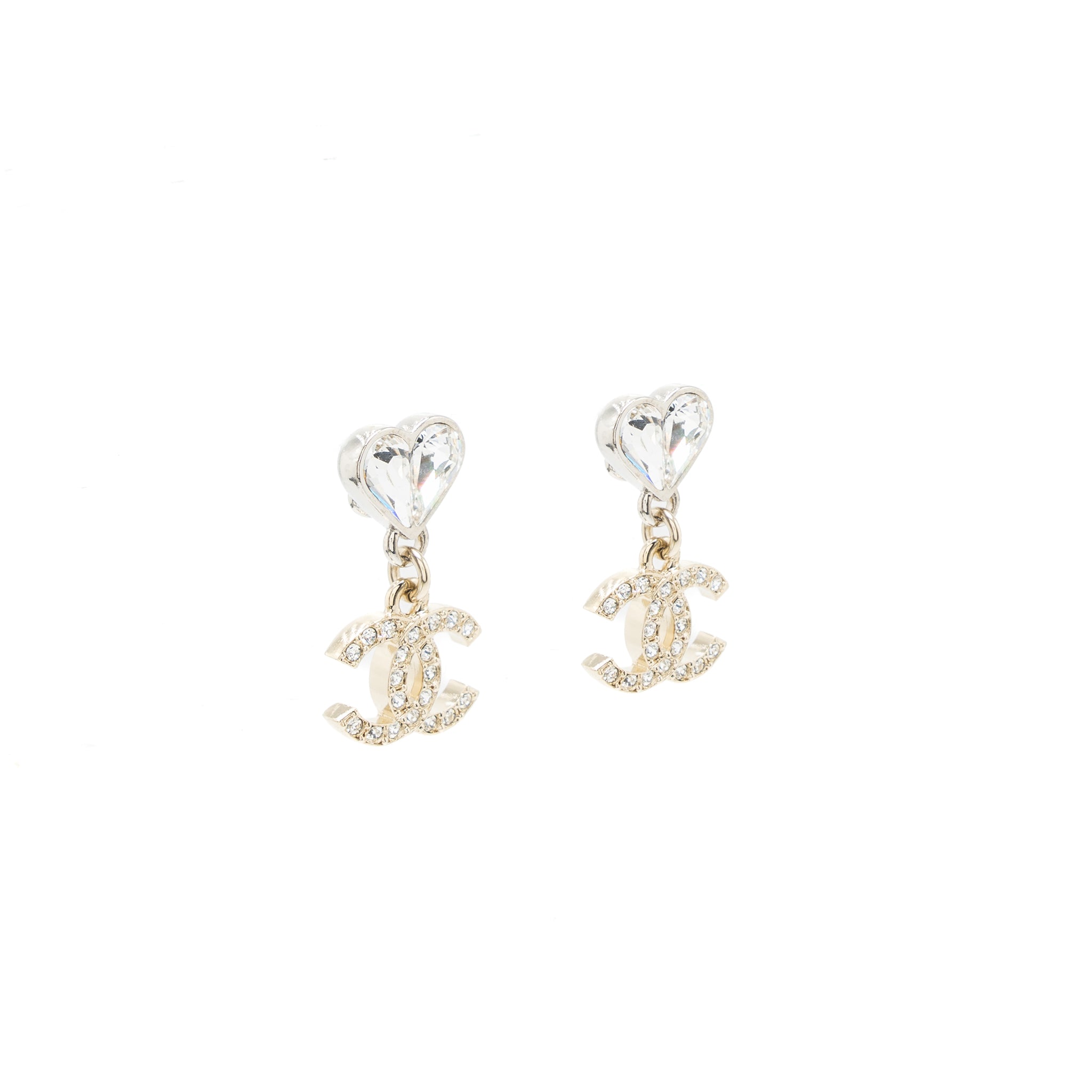 CHANEL HEART CC DROP EARRINGS CRYSTAL LIGHT GOLD TONE