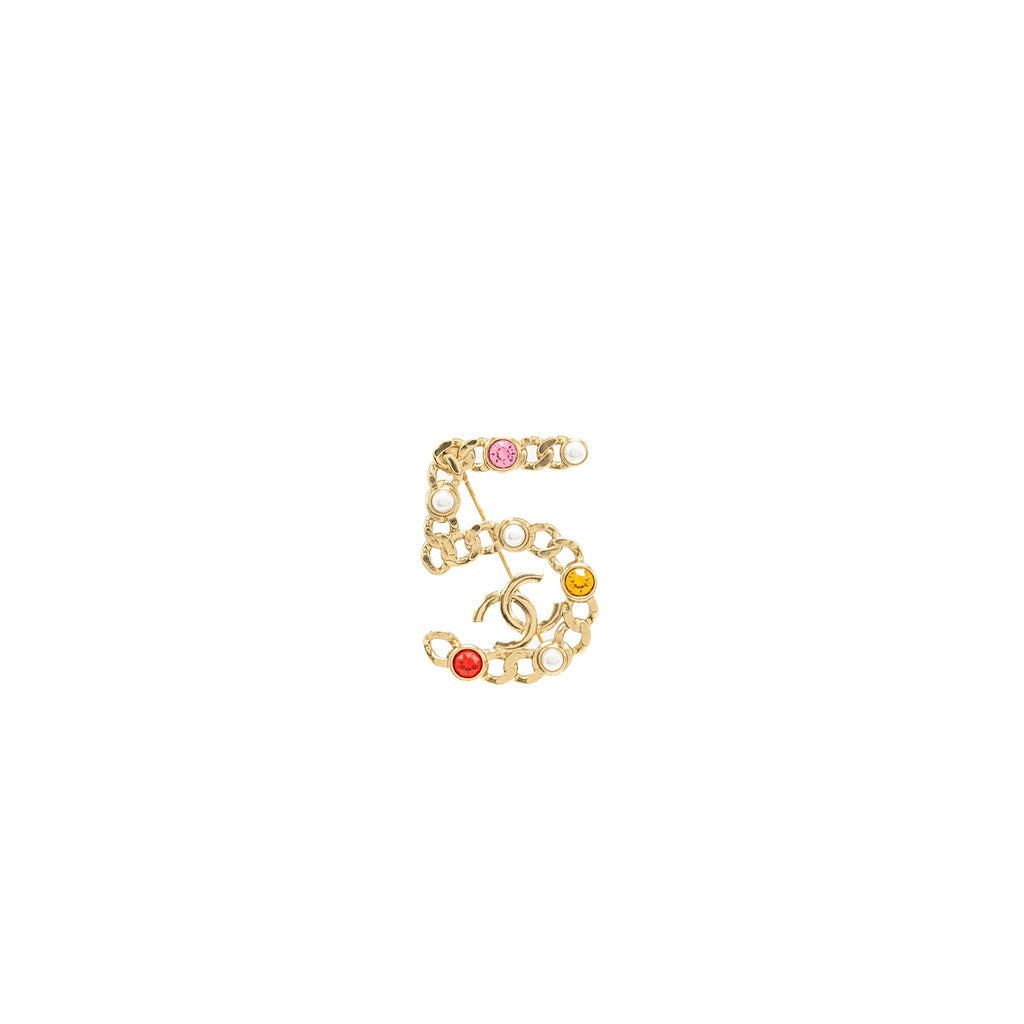 CHANEL NO 5 AND CC LOGO BROOCH WITH PEARL/CRYSTAL MULTICOLOUR GOLD TONE
