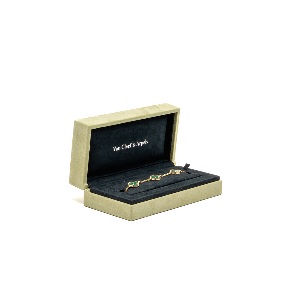 VAN CLEEF AND ARPELS VINTAGE ALHAMBRA BRACELET 5 MOTIF, YELLOW GOLD, MALACHEITE