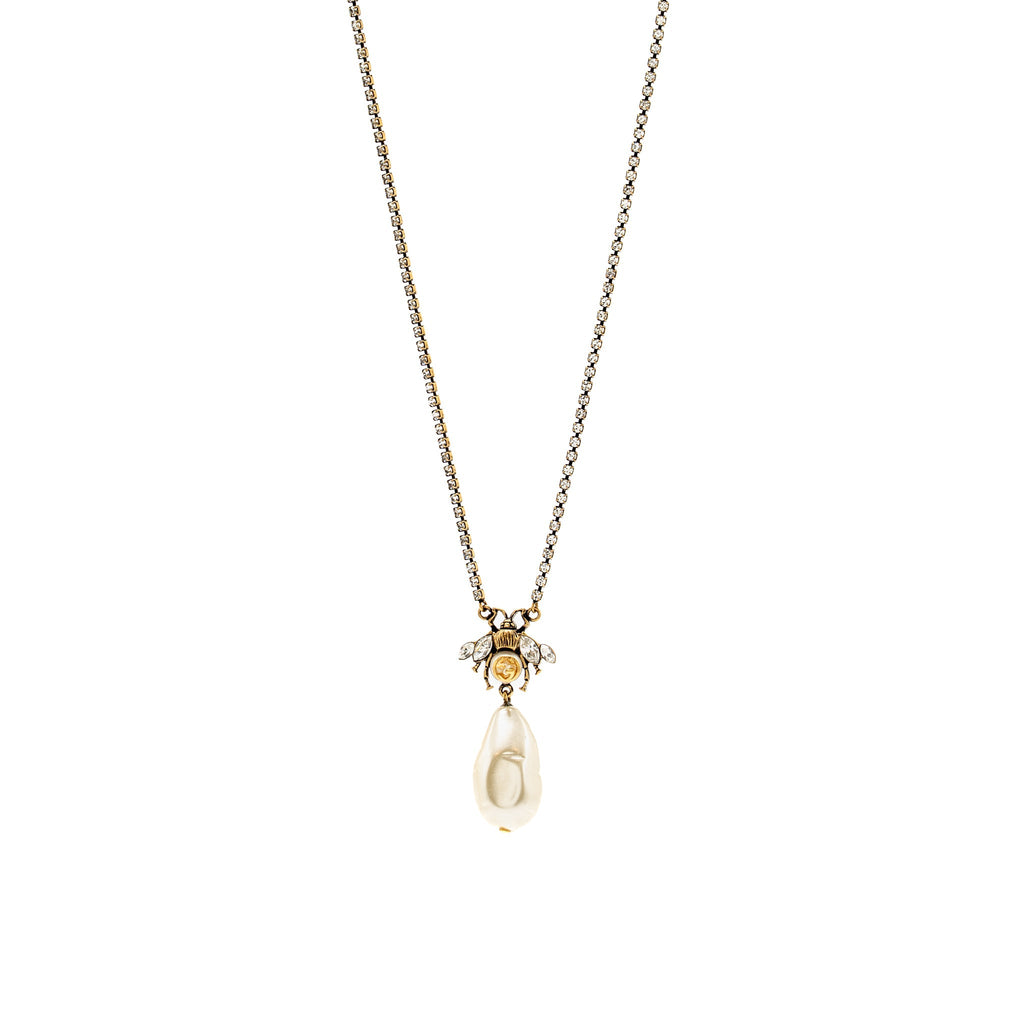 GUCCI BEE NECKLACE AND BRACELET CRYSTAL/PEARL GOLD TONE (SELL IN A SET)