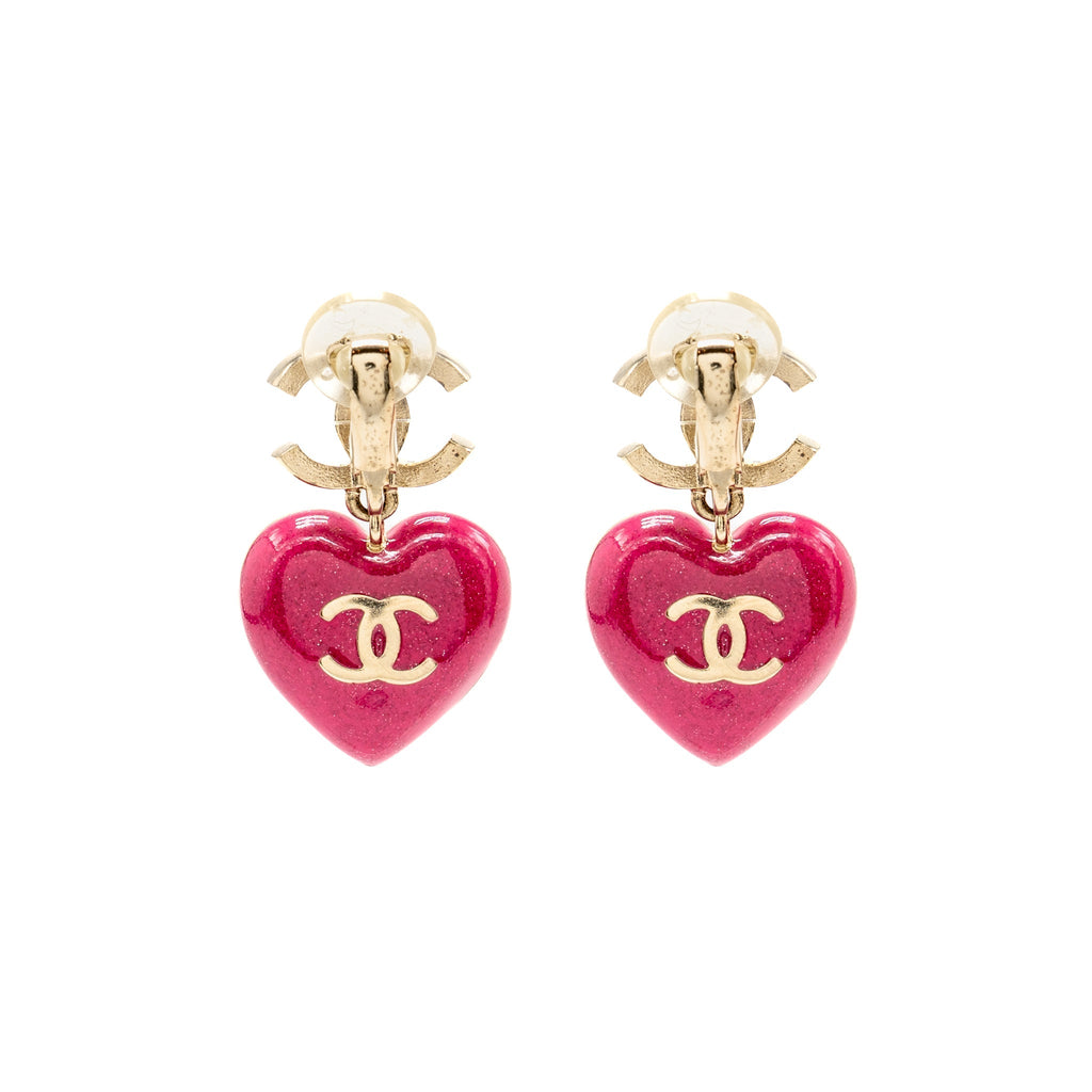 CHANEL DOUBLE FACE PINK CRYSTAL HEART DROPPED CC LOGO EAR CLIPS LIGHT GOLD TONE