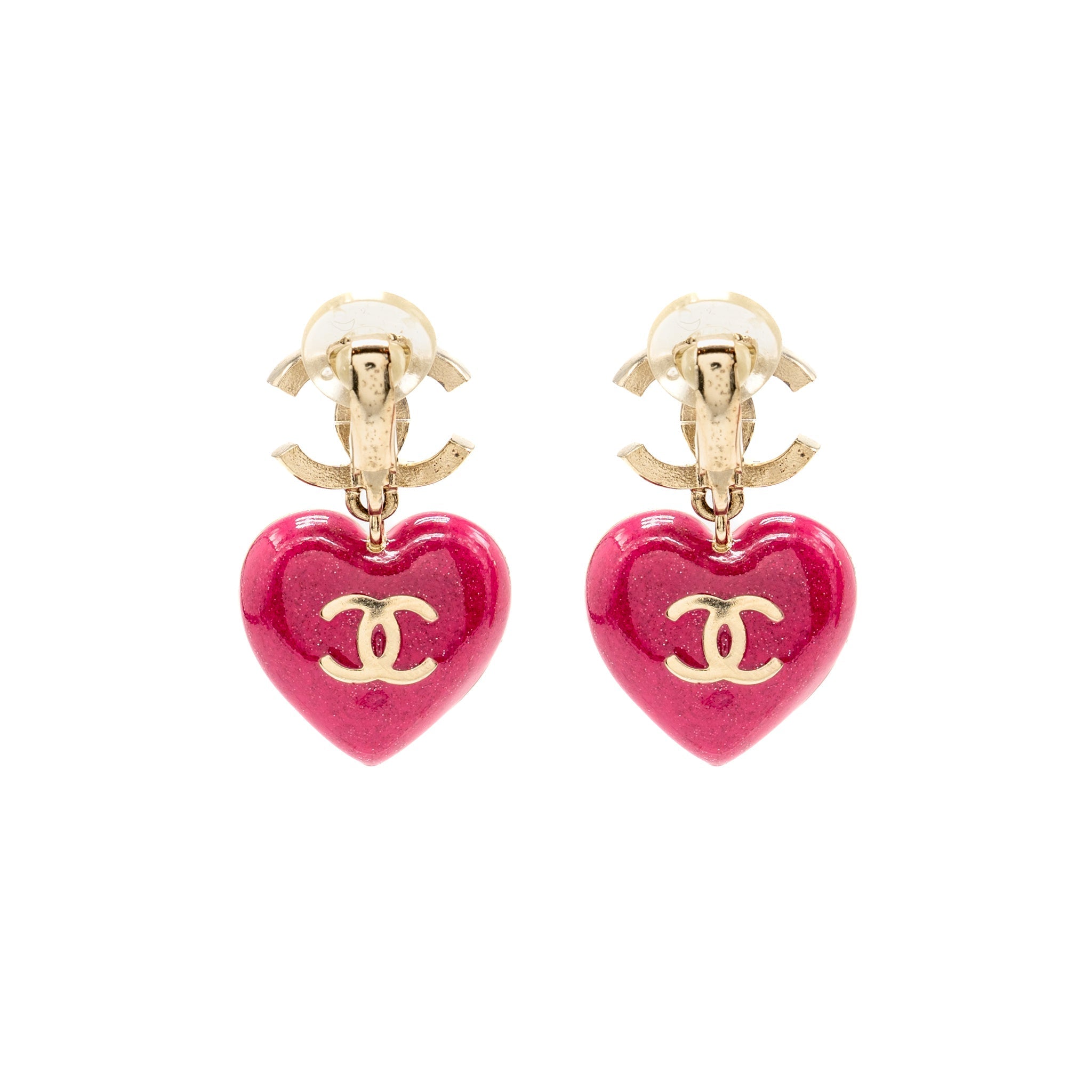 CHANEL DOUBLE FACE PINK CRYSTAL HEART DROPPED CC LOGO EAR CLIPS LIGHT GOLD TONE