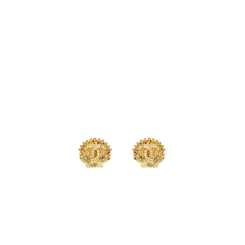 CHANEL SHELL & CC LOGO EARRINGS MULTICOLOUR CRYSTAL GOLD TONE