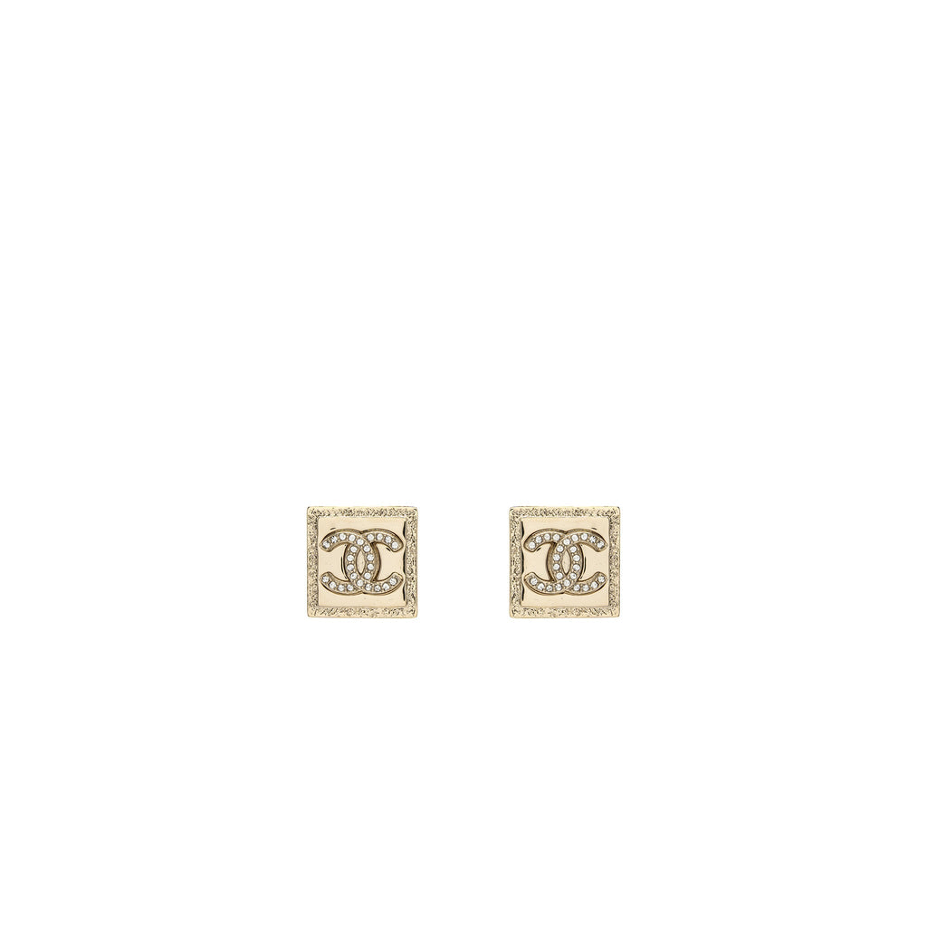 CHANEL SQUARE CC LOGO EARRING WITH CRYSTAL LIGHT GOLD TONE