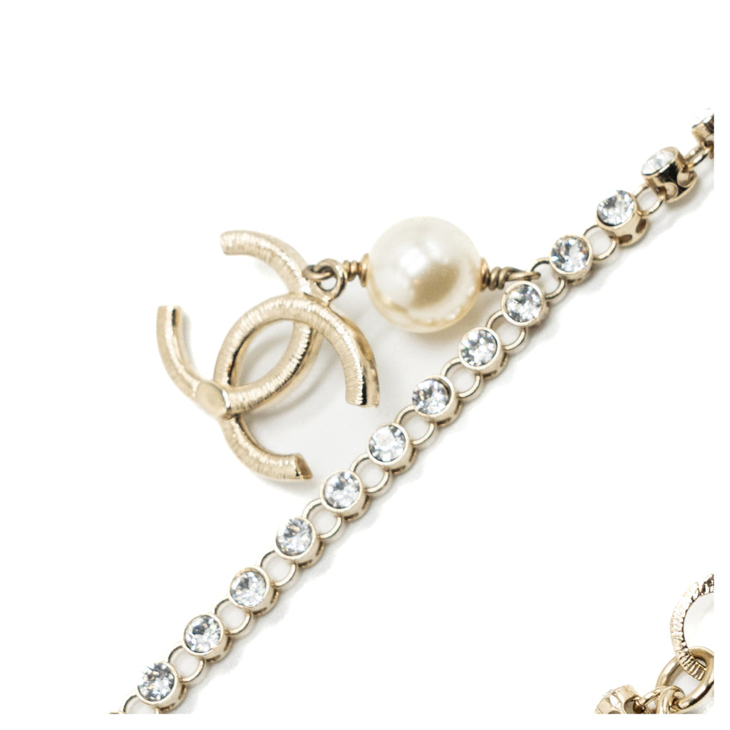 CHANEL CC LOGO DROP CHOCKER CRYSTAL/PEARL LIGHT GOLD TONE