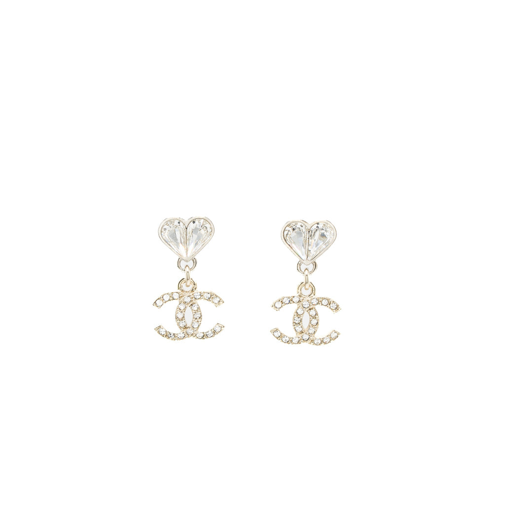 CHANEL HEART CC DROP EARRINGS CRYSTAL LIGHT GOLD TONE