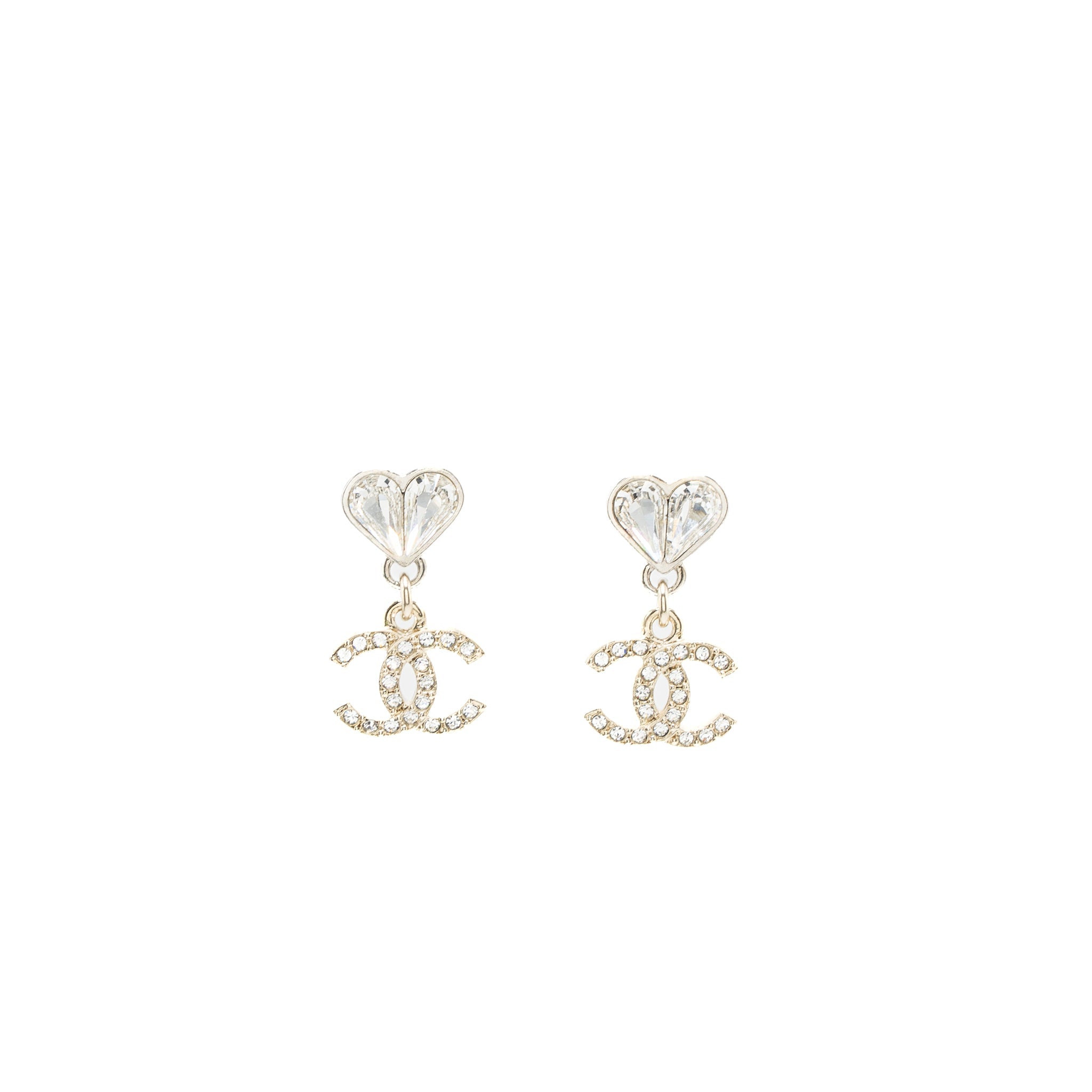 CHANEL HEART CC DROP EARRINGS CRYSTAL LIGHT GOLD TONE