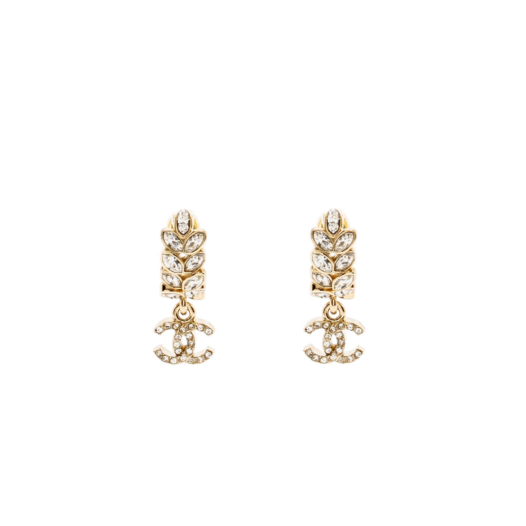 CHANEL SPARKLING WHEAT CC DROP EARRINGS CRYSTAL LIGHT GOLD TONE