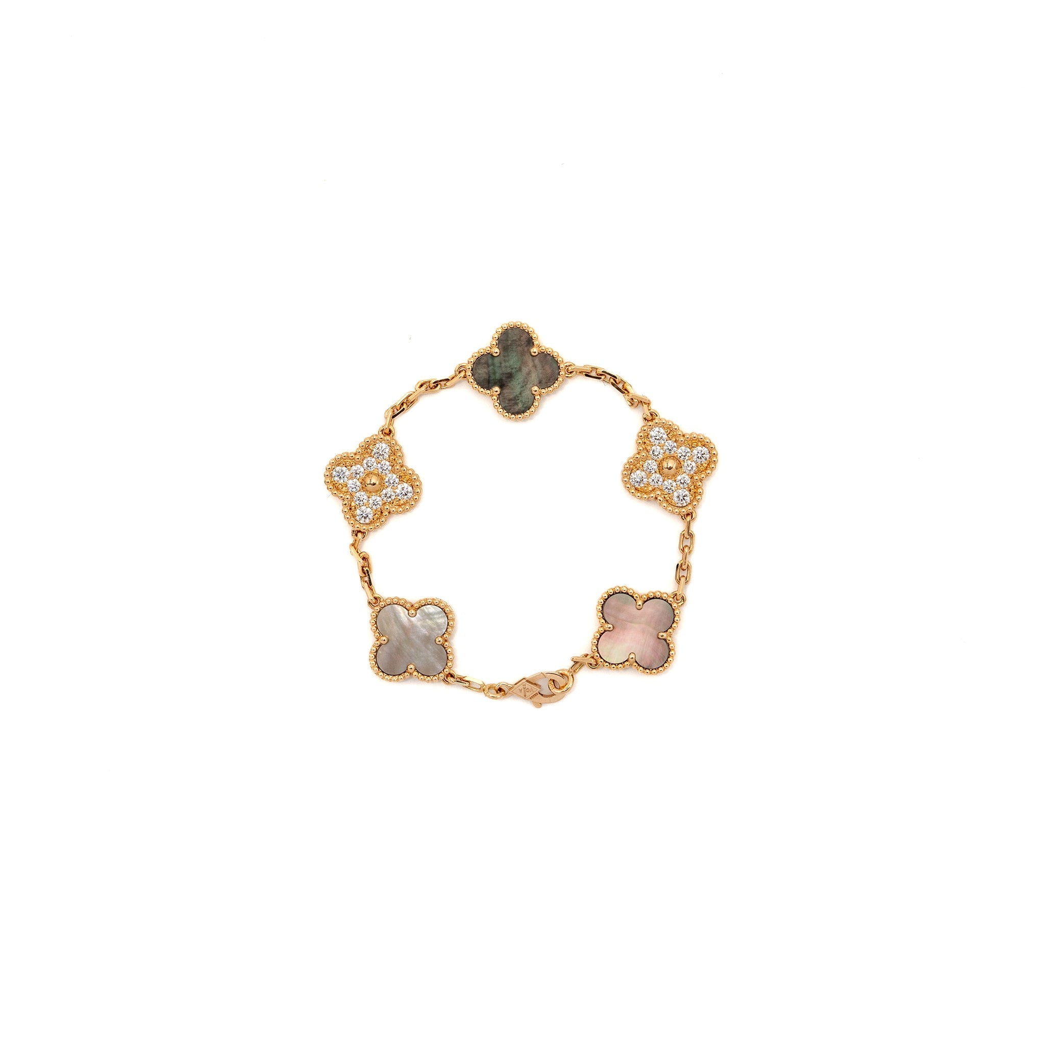 VAN CLEEF & ARPELS VINTAGE ALHAMBRA BRACELET, 5 MOTIFS MOTHER OF PEARL/ROSE GOLD, DIAMONDS