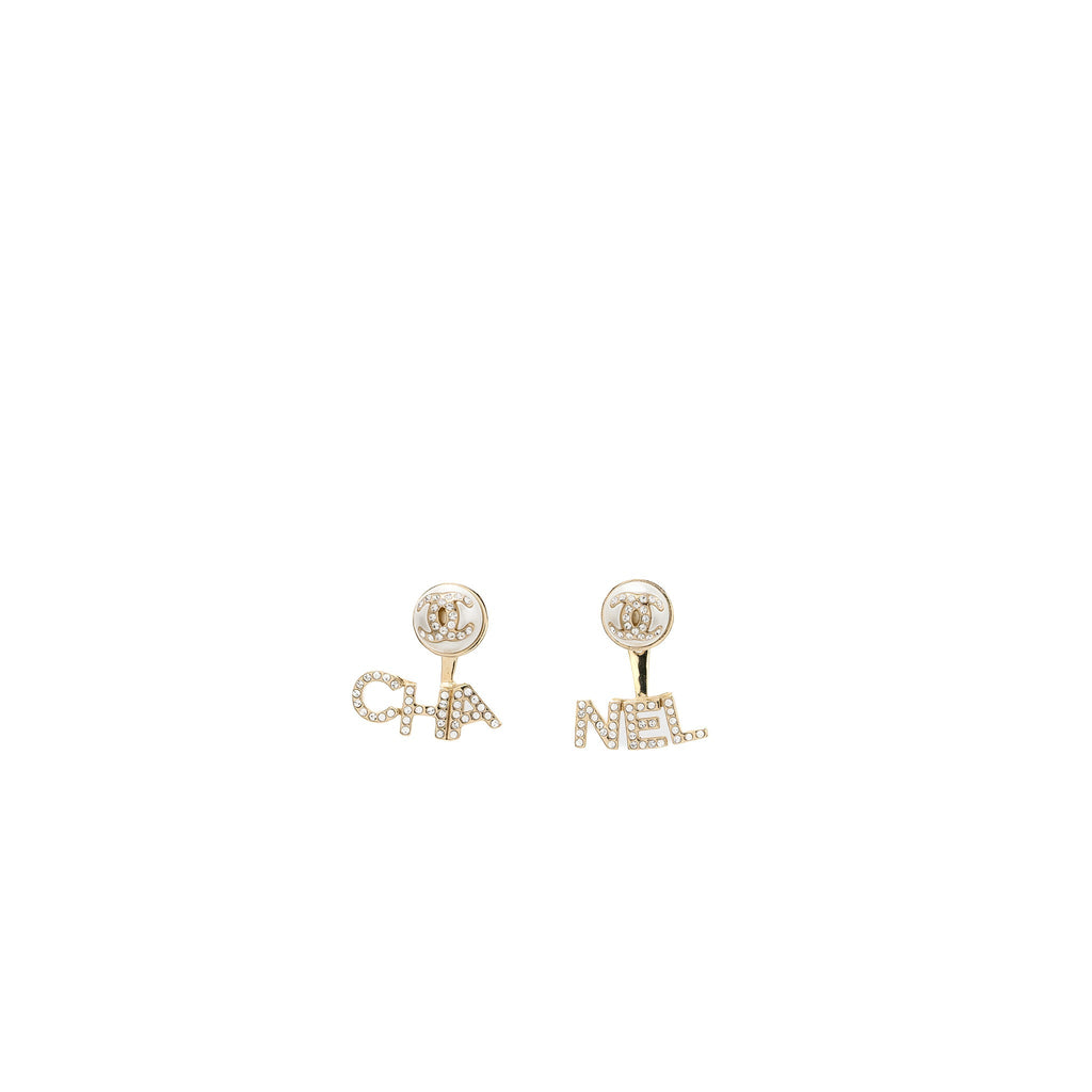 CHANEL PEARL/CC LOGO/LETTER DROP EARRING LIGHT GOLD TONE