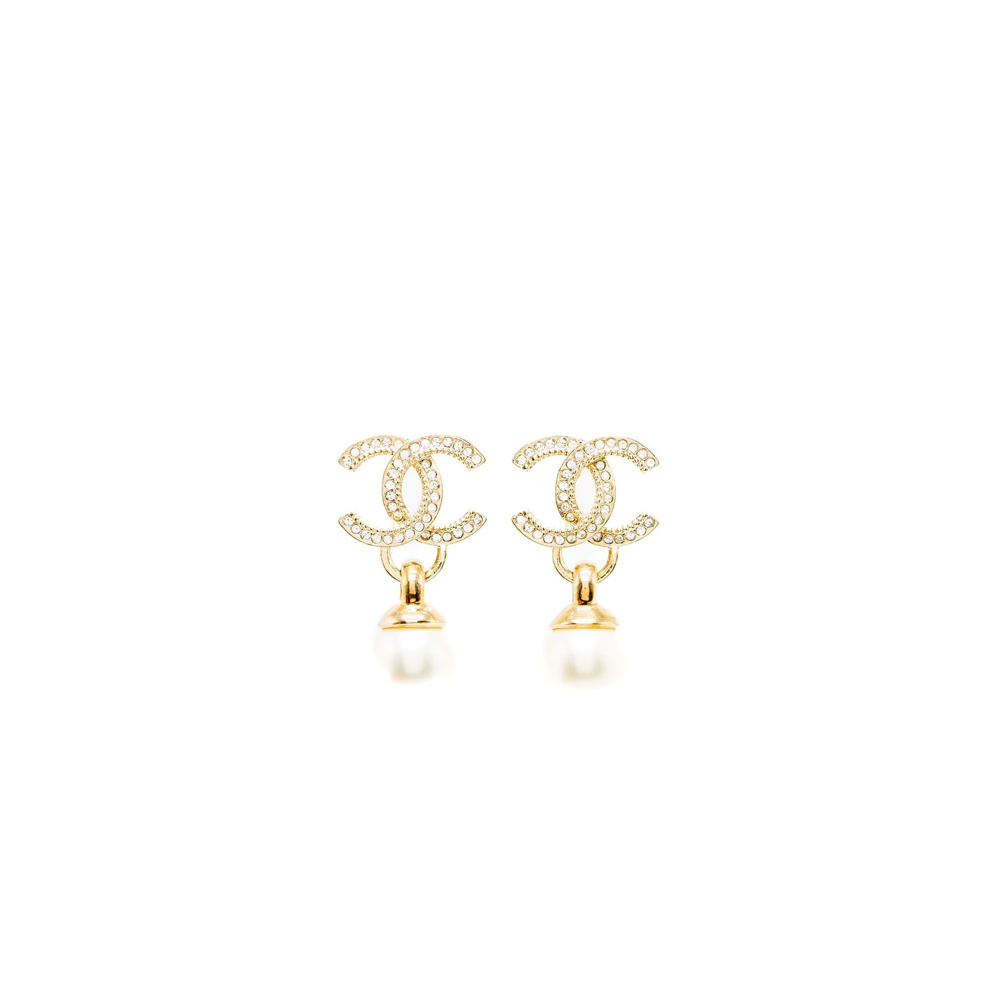 CHANEL 22K CC LOGO DROP EARRINGS CRYSTAL/PEARL LIGHT GOLD TONE