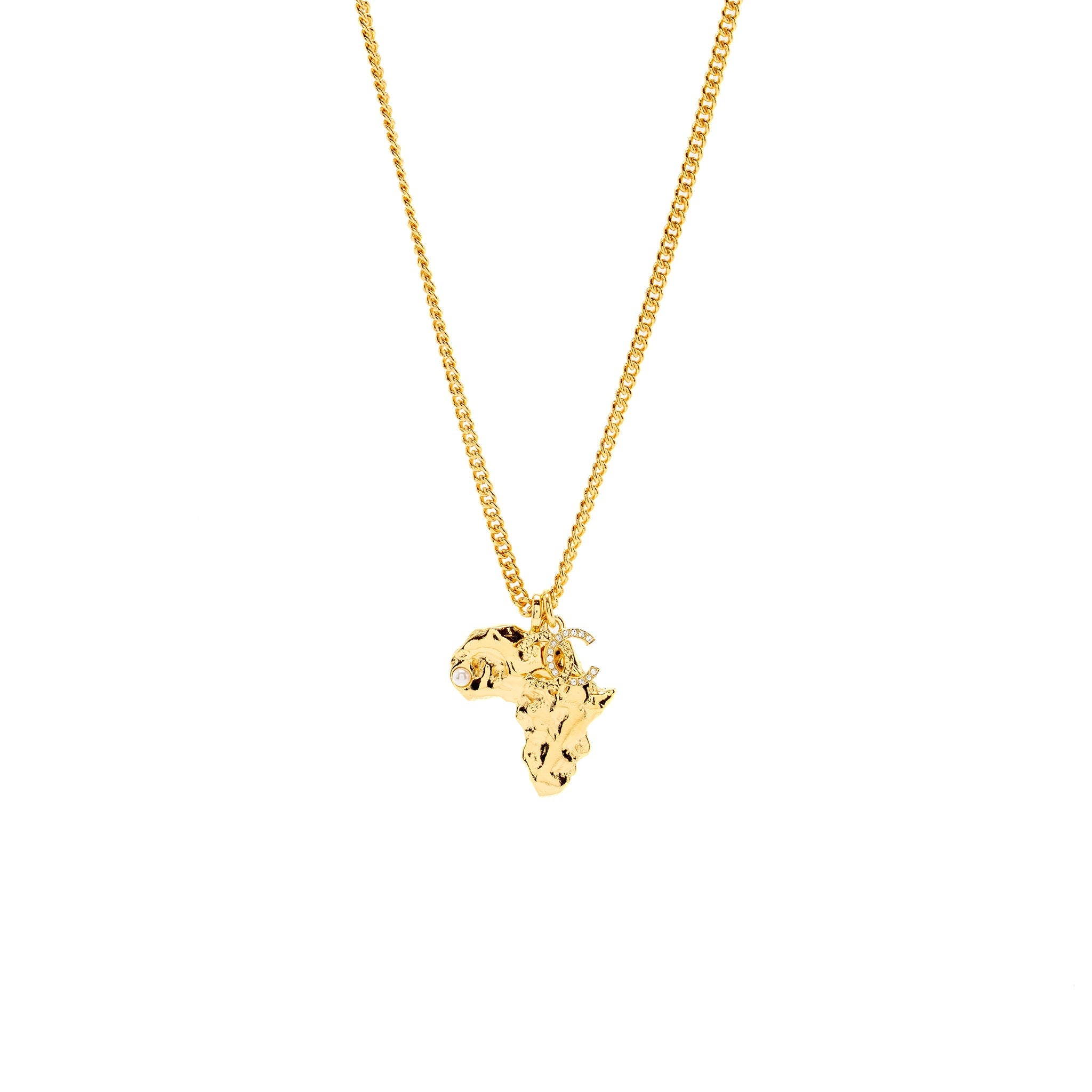 CHANEL 23A AFRICA MAP NECKLACE FAUX PEARL/STRASS GOLD TONE