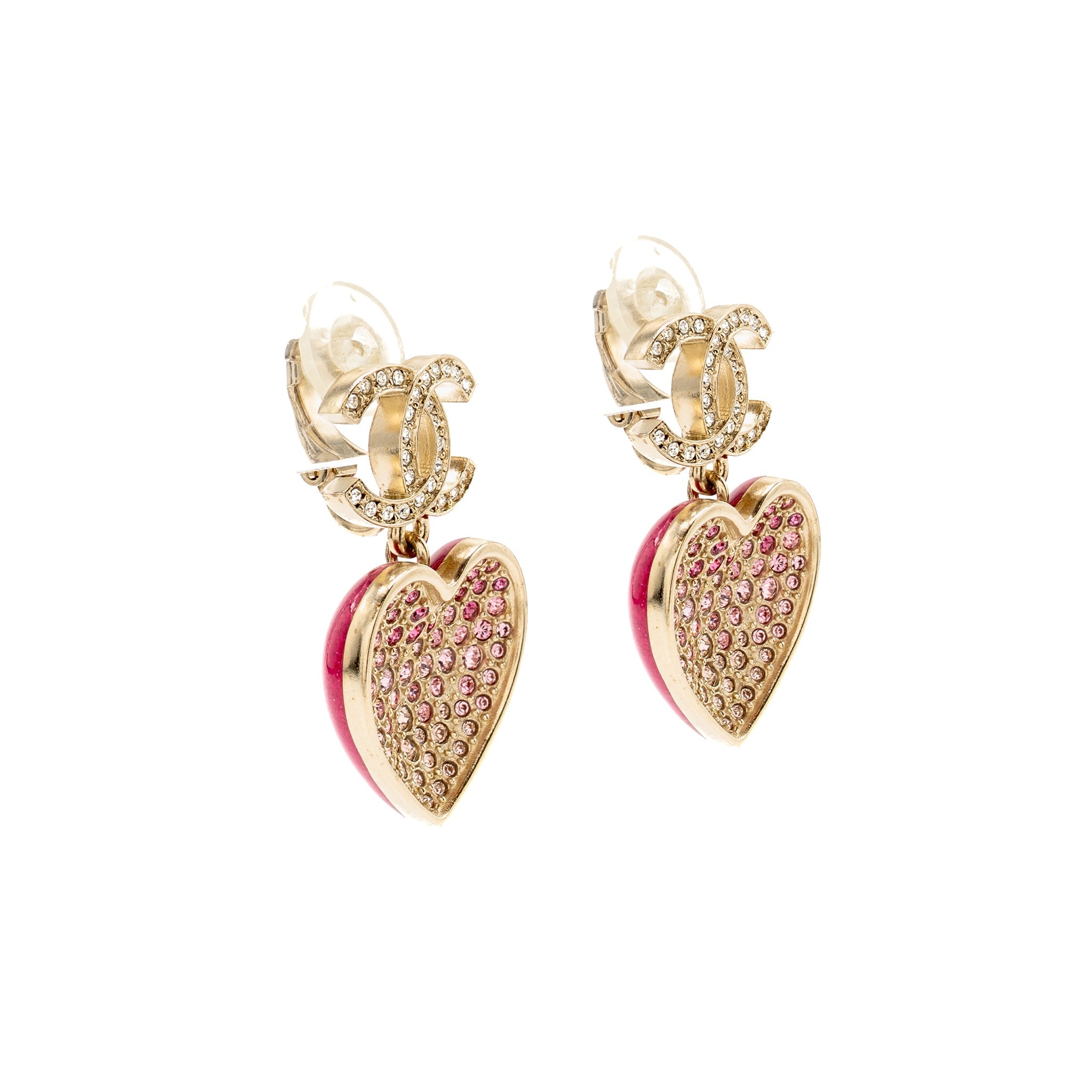 CHANEL DOUBLE FACE PINK CRYSTAL HEART DROPPED CC LOGO EAR CLIPS LIGHT GOLD TONE