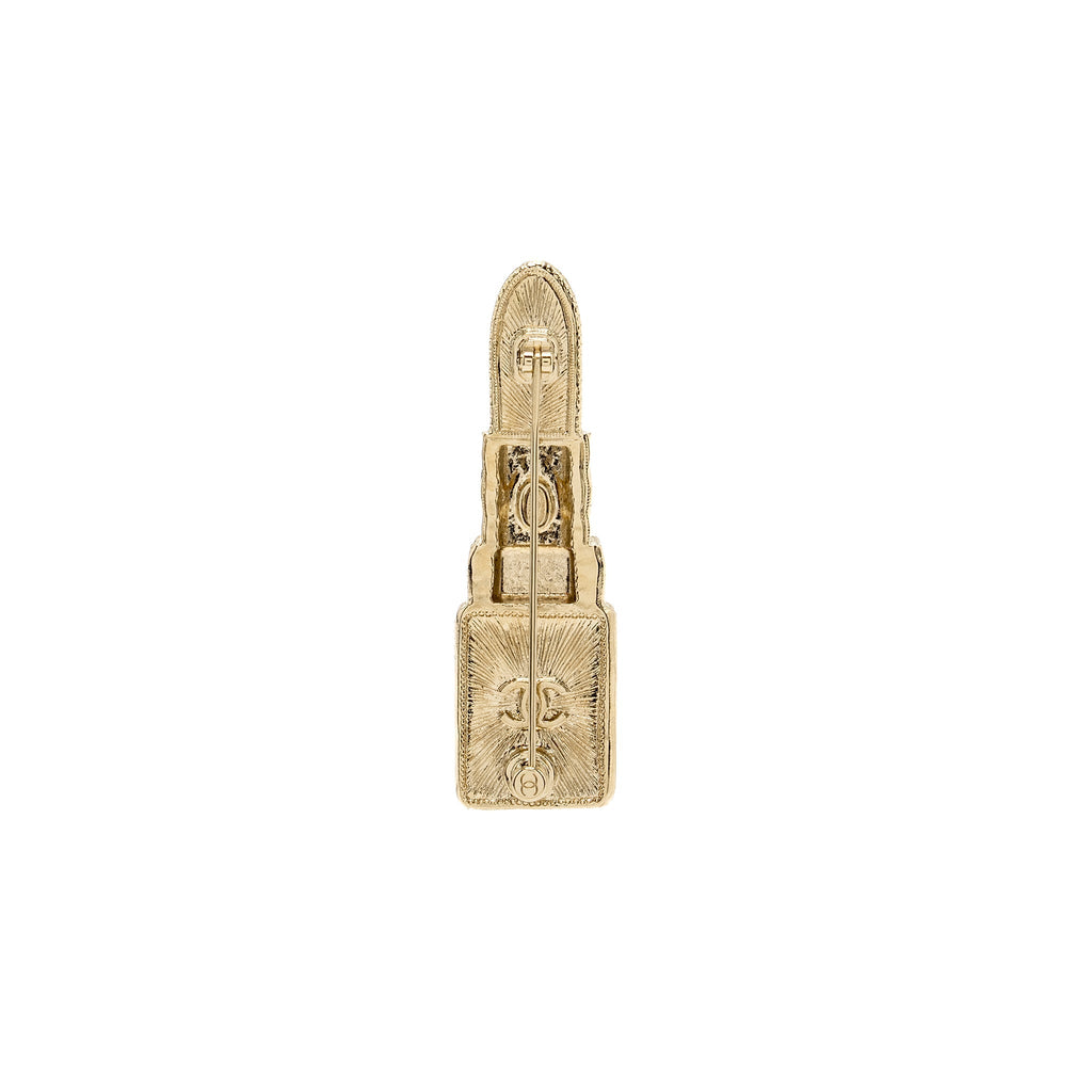 CHANEL 22P LIPSTICK BROOCH CRYSTAL LIGHT GOLD TONE
