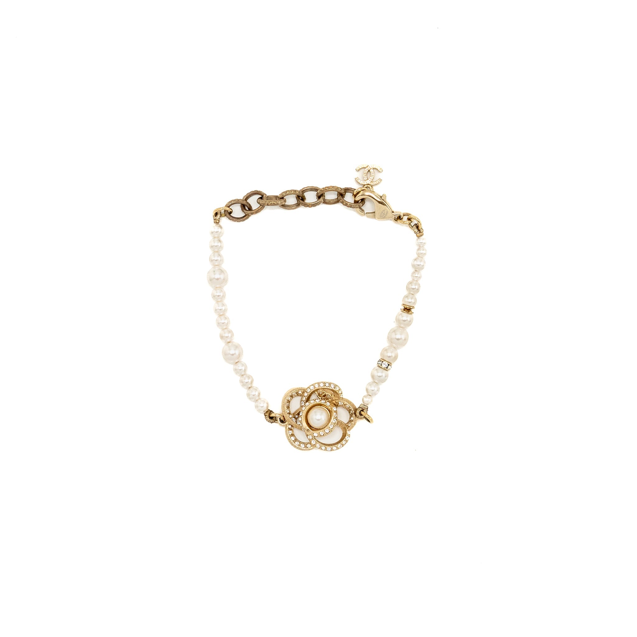 CHANEL CAMELLIA BRACELET PEARL/CRYSTAL LIGHT GOLD TONE