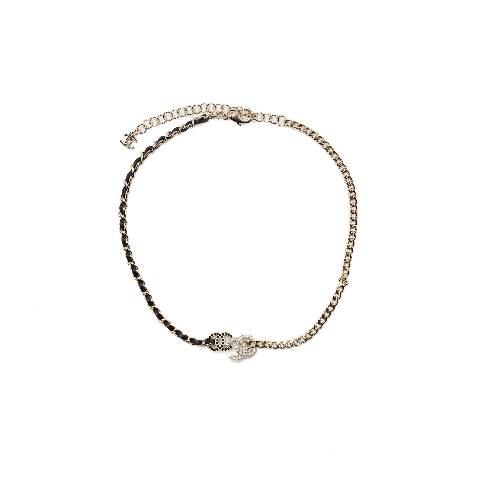 CHANEL 23A DOUBLE CC LOGO CHOCKER CRYSTAL/LEATHER CHAIN LIGHT GOLD TONE